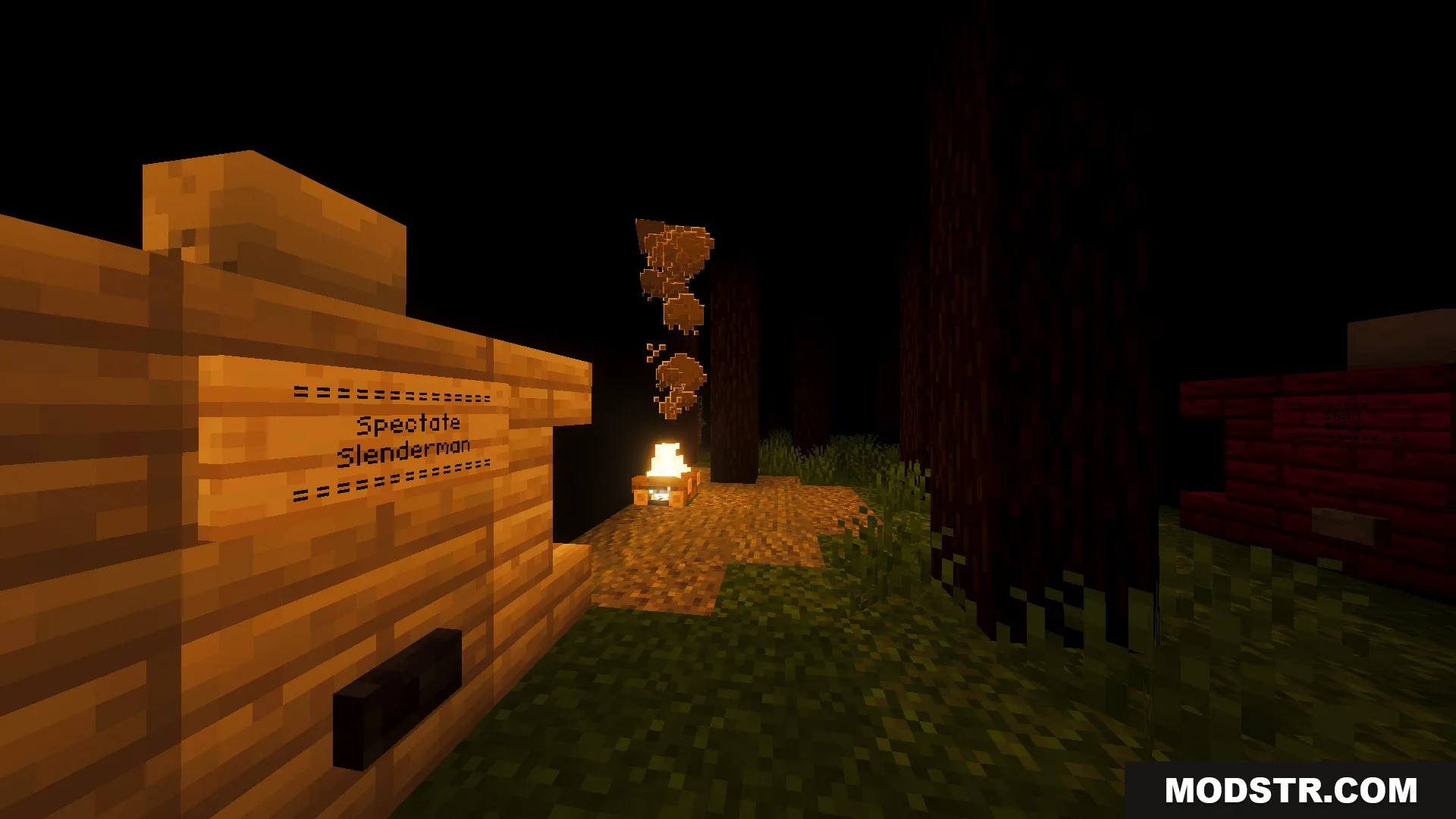 Slenderman Online Map Screenshot 13 A wooden sign with a button to spectate Slenderman in a dark forest