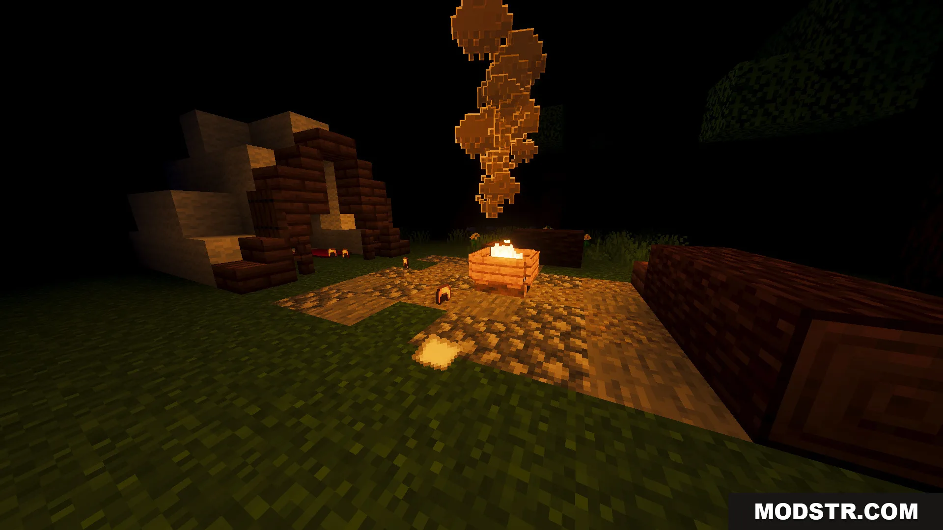 Slenderman Online Map Screenshot 8 A lit campfire with smoke next to a small wooden shelter structure