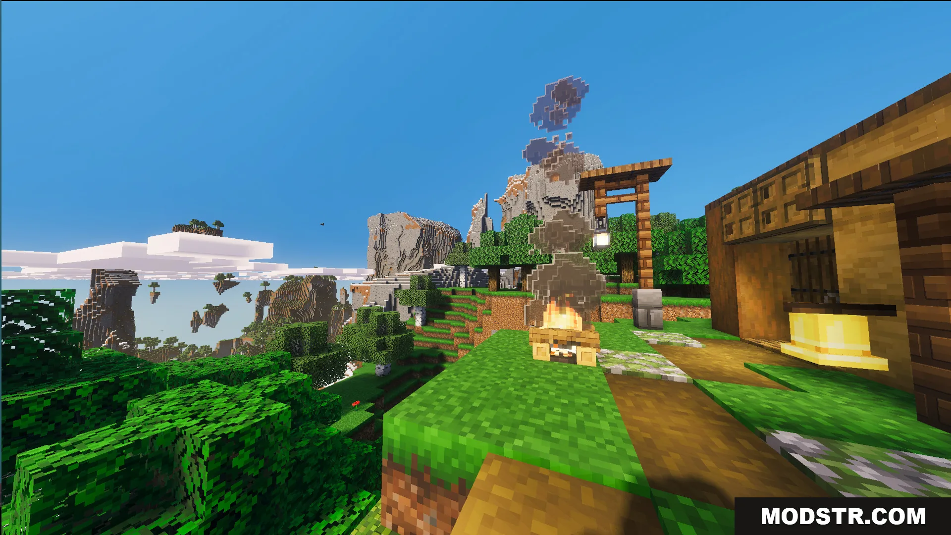 Small Cliff House Map Screenshot 10 A campfire and a bell sit outside the Small Cliff House Map home