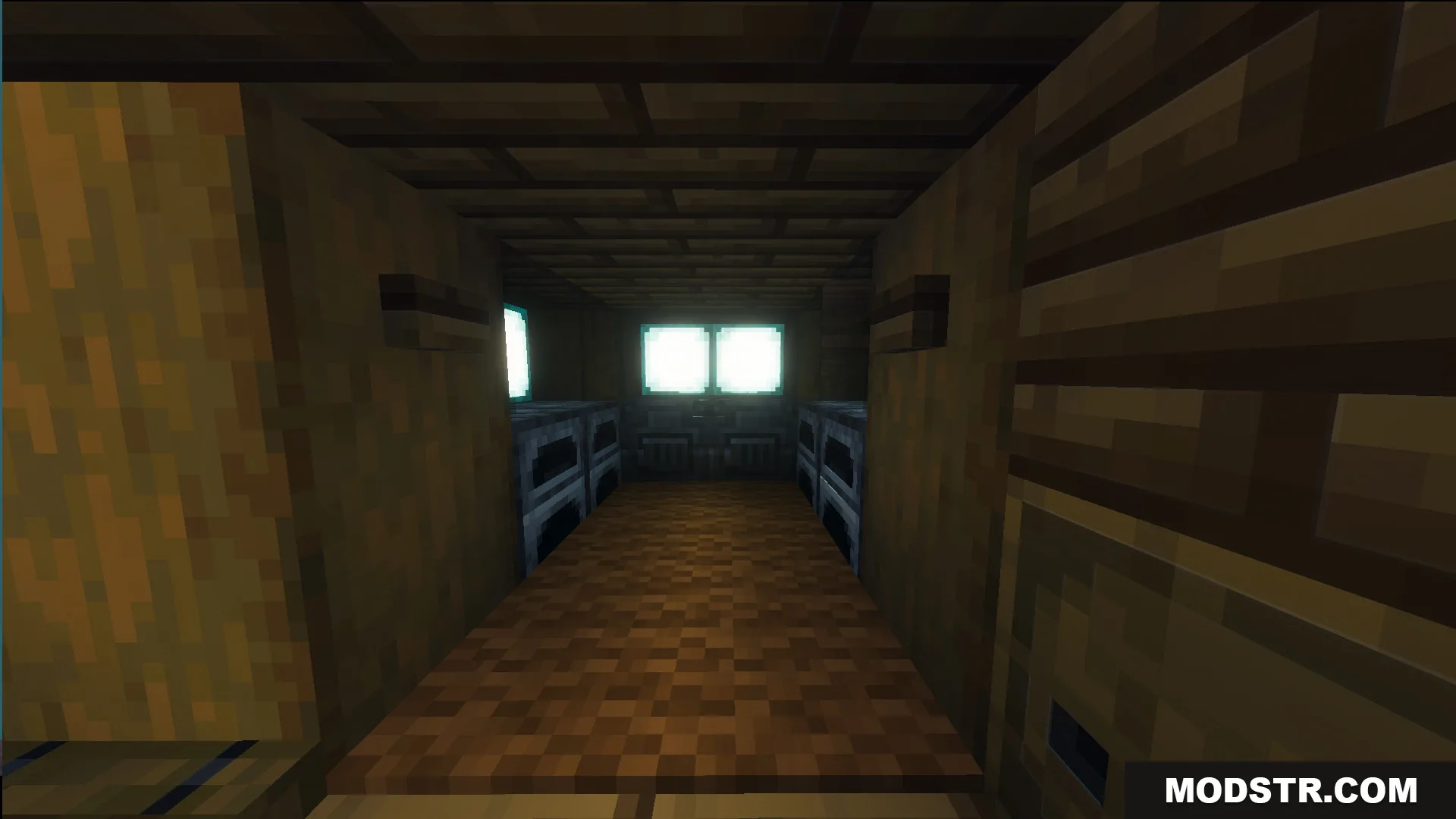 Small Cliff House Map Screenshot 3 Dark wooden hallway with furnaces inside the Small Cliff House Map for Bedrock
