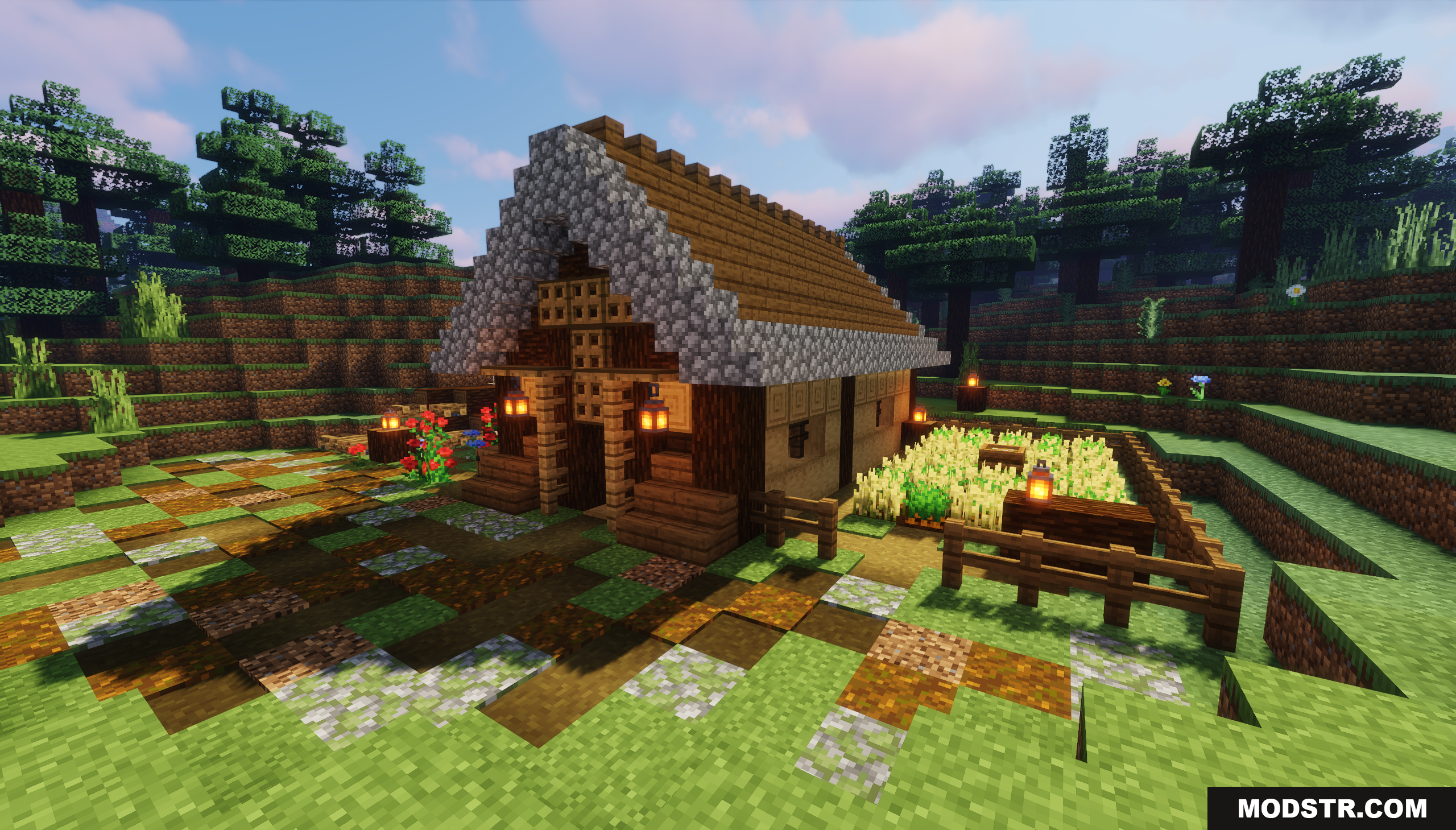 Small Starter House Map Screenshot 4 Wooden survival cabin exterior with a dirt path and wheat farm
