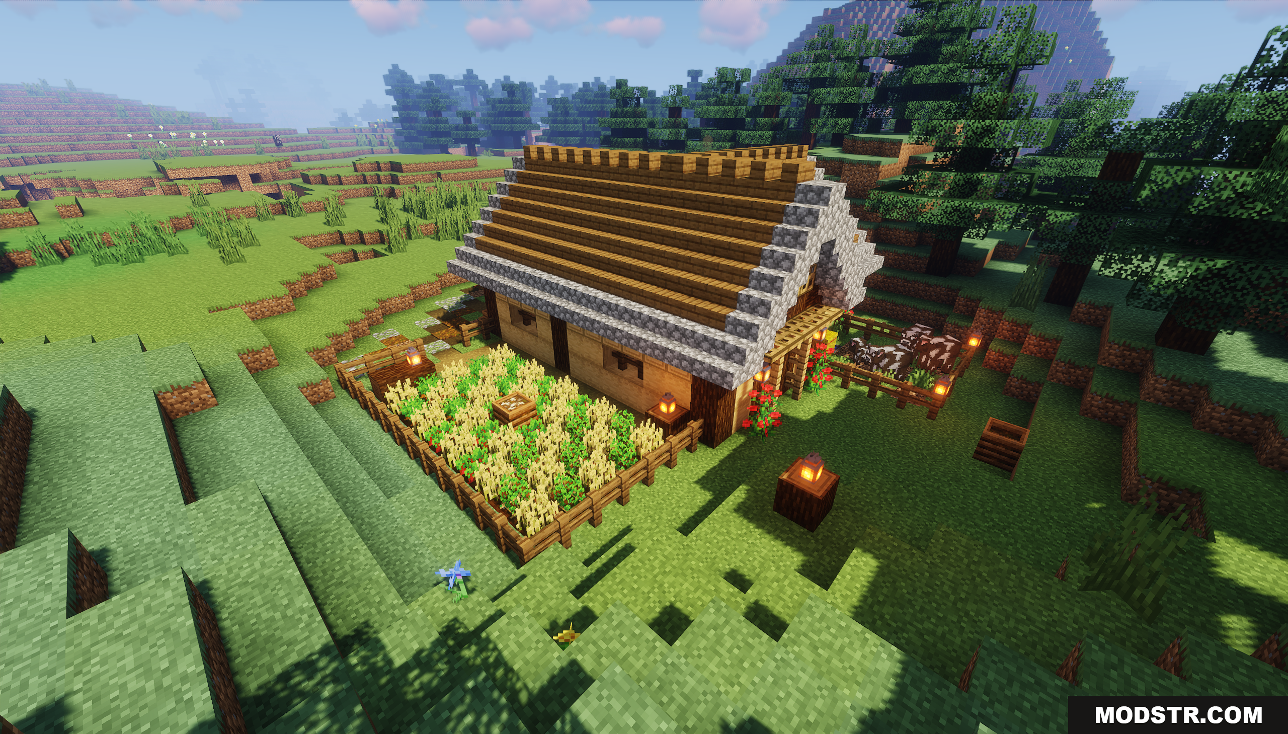 Small Starter House Map Screenshot 2 Wooden cabin exterior featuring a wheat farm and cow pen