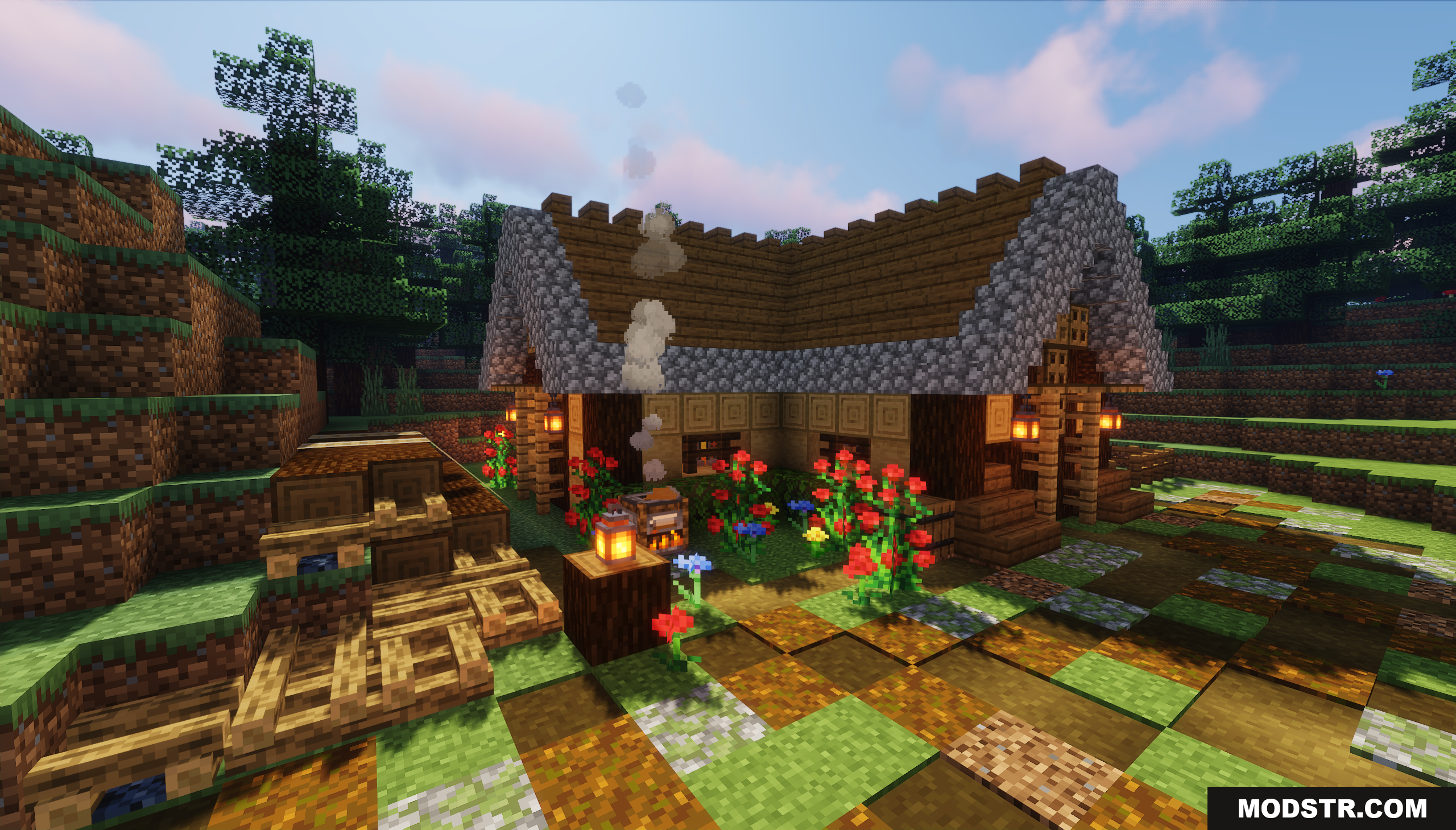 Small Starter House Map Screenshot 1 Front view of a cozy wooden cabin with flower garden