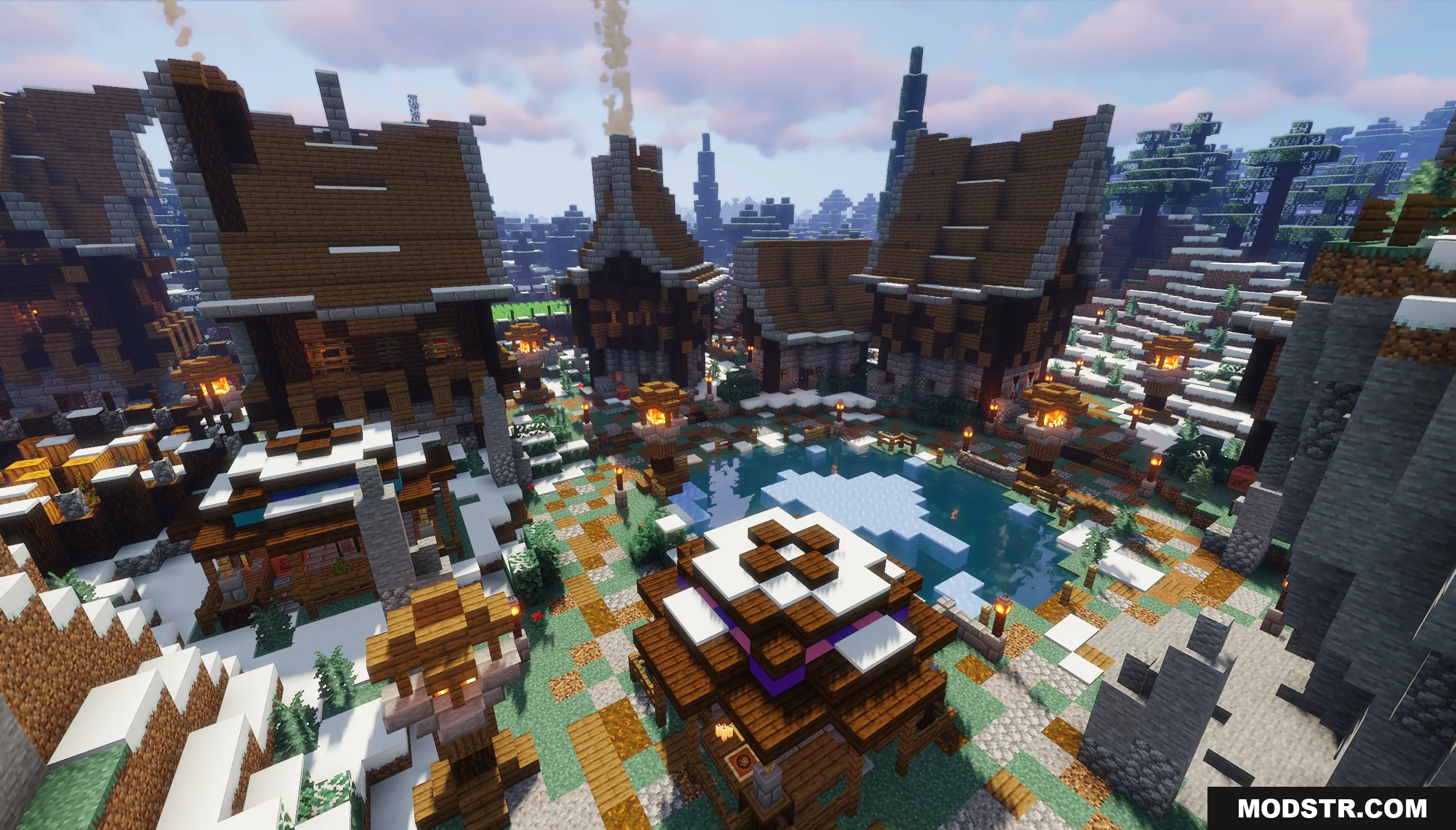 Snowy Spruce Village Map Screenshot 2 Aerial view of a central frozen lake surrounded by houses in a village