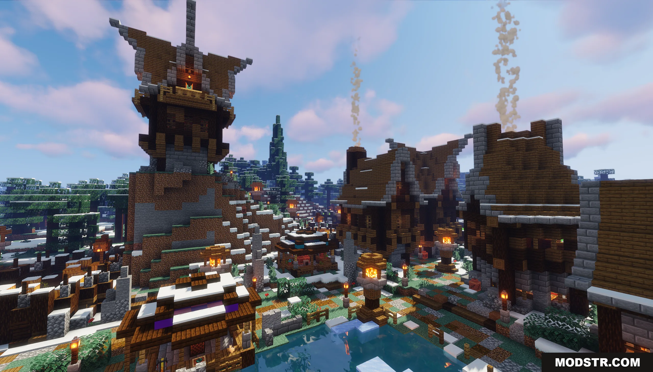 Snowy Spruce Village Map Screenshot 6 A peaceful frozen lake surrounded by cozy wooden buildings and a watchtower