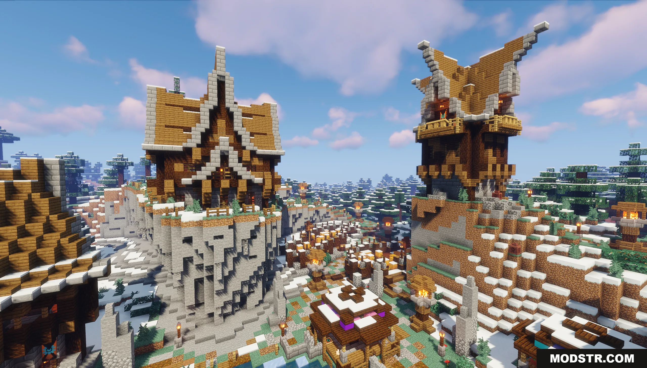 Snowy Spruce Village Map Screenshot 3 Large wooden buildings and a tall watchtower overlooking a snowy forest village
