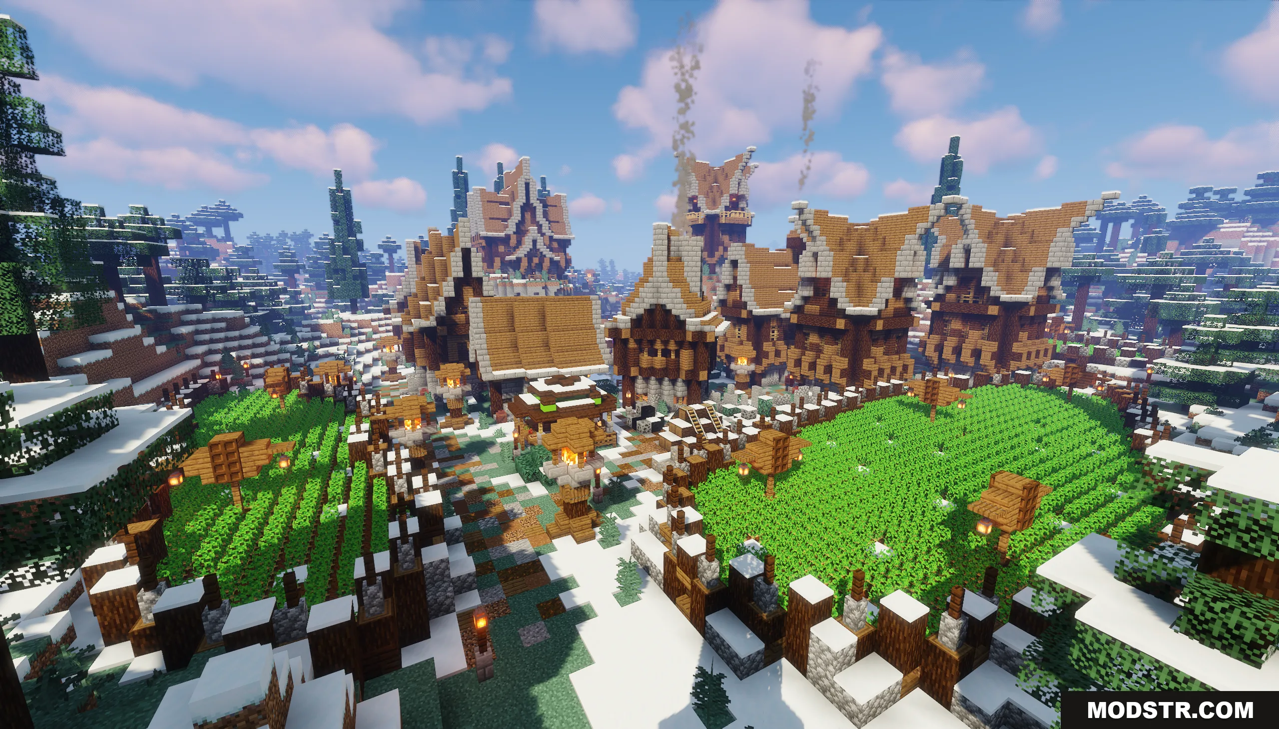 Snowy Spruce Village Map Screenshot 4 Lush green crop farms in front of wooden houses in a snowy village