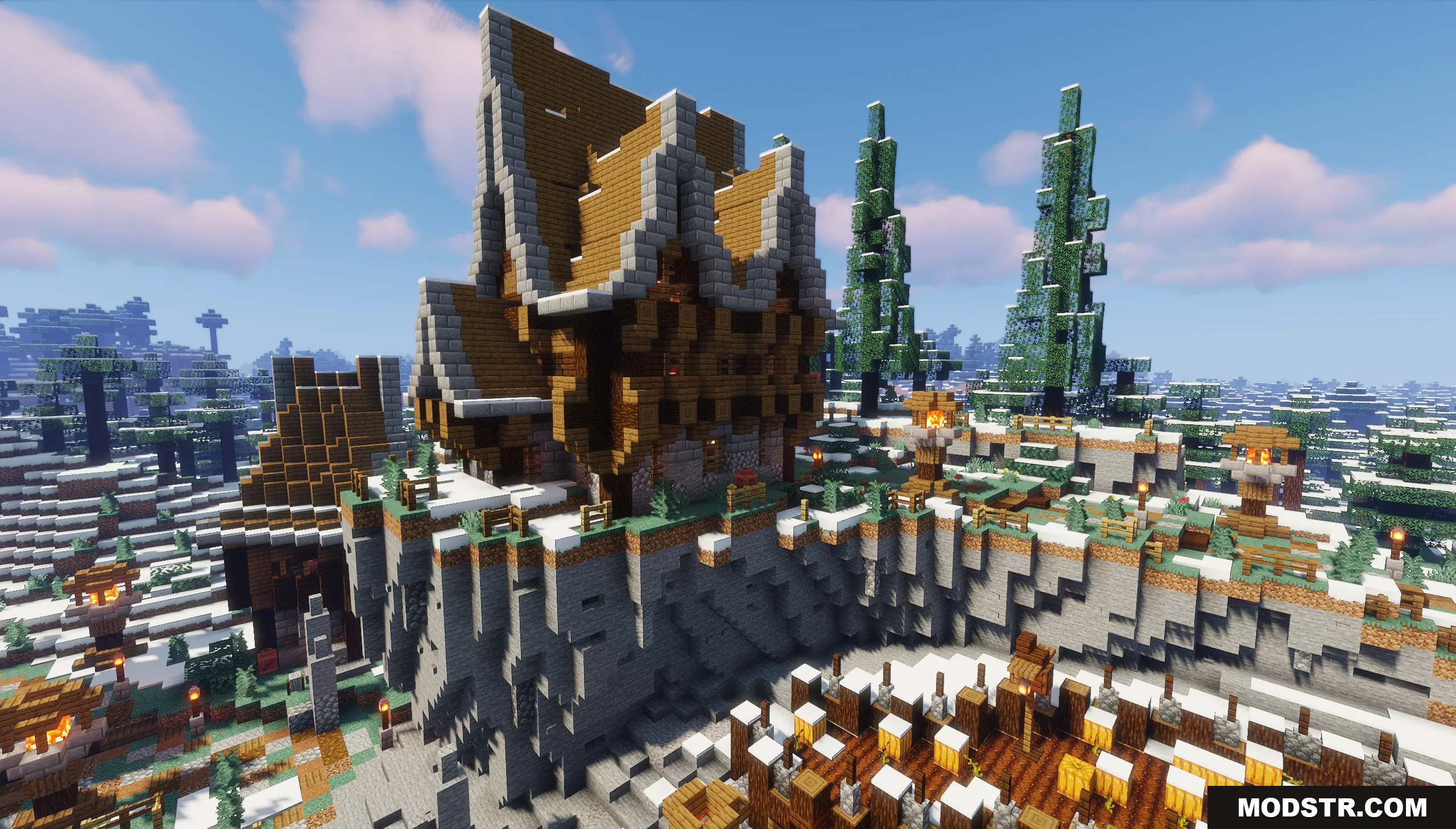 Snowy Spruce Village Map Screenshot 7 A large wooden house built on a snowy cliffside in a winter forest