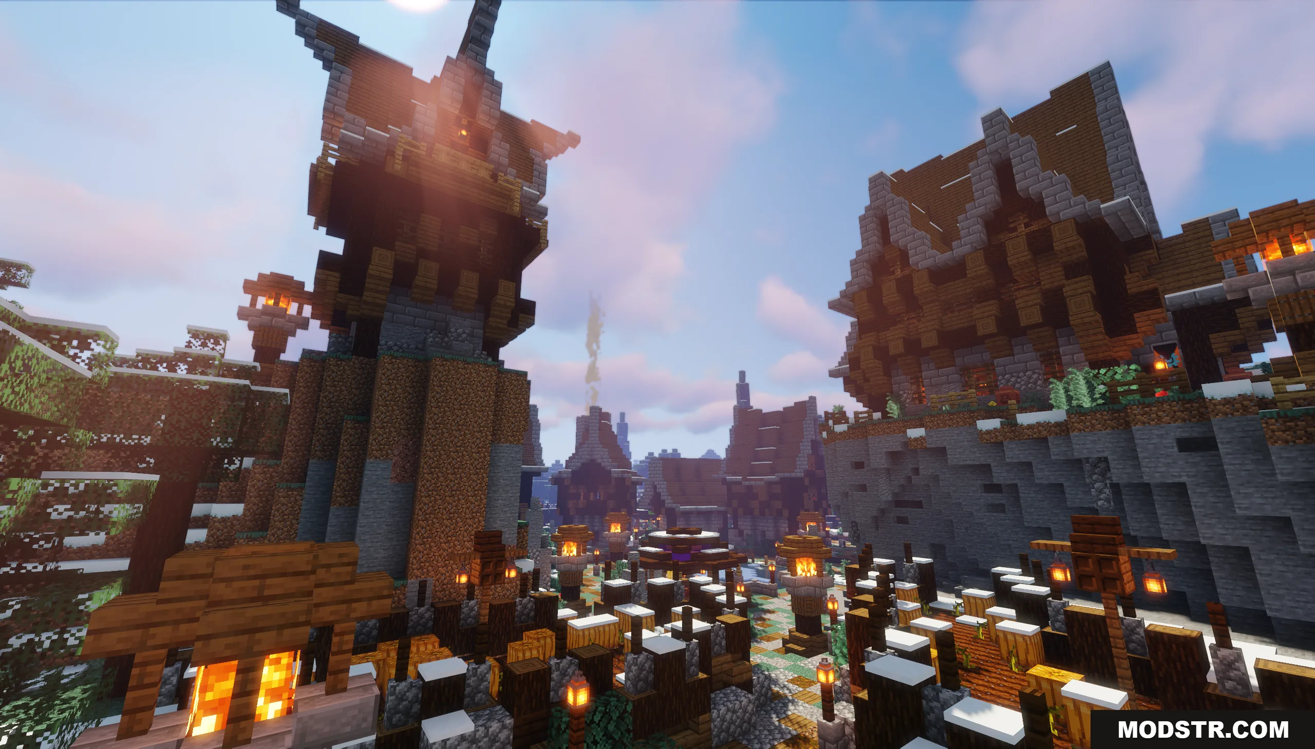 Snowy Spruce Village Map Screenshot 1 Sunlight shines over a tall watchtower and wooden buildings in a snowy village