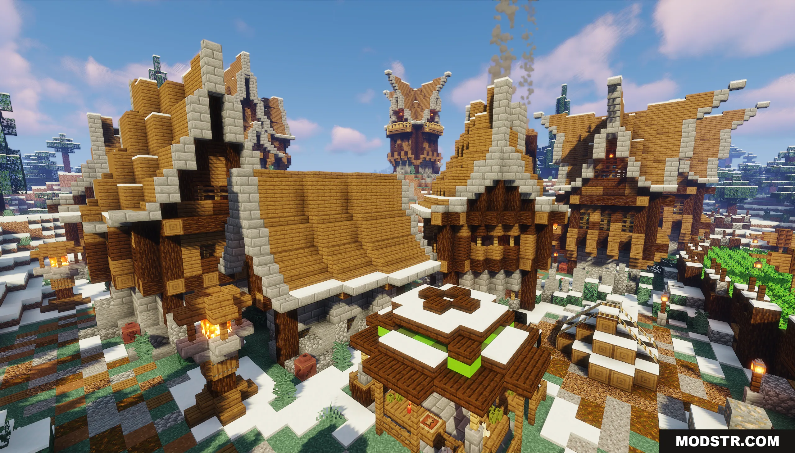 Snowy Spruce Village Map Screenshot 5 Detailed wooden houses and market stalls in a snowy spruce forest village