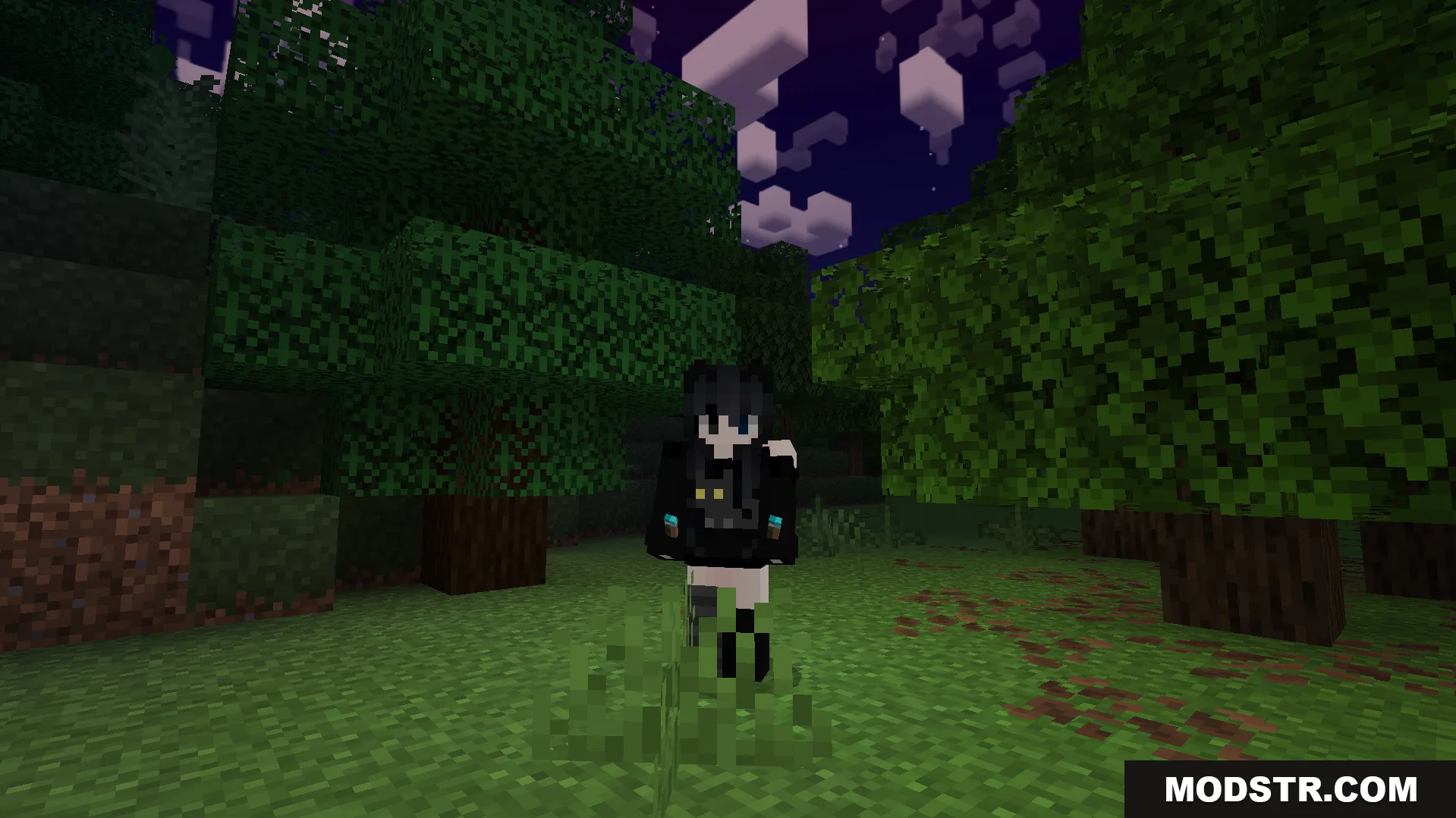 Player standing in the dark forest without holding a light source
