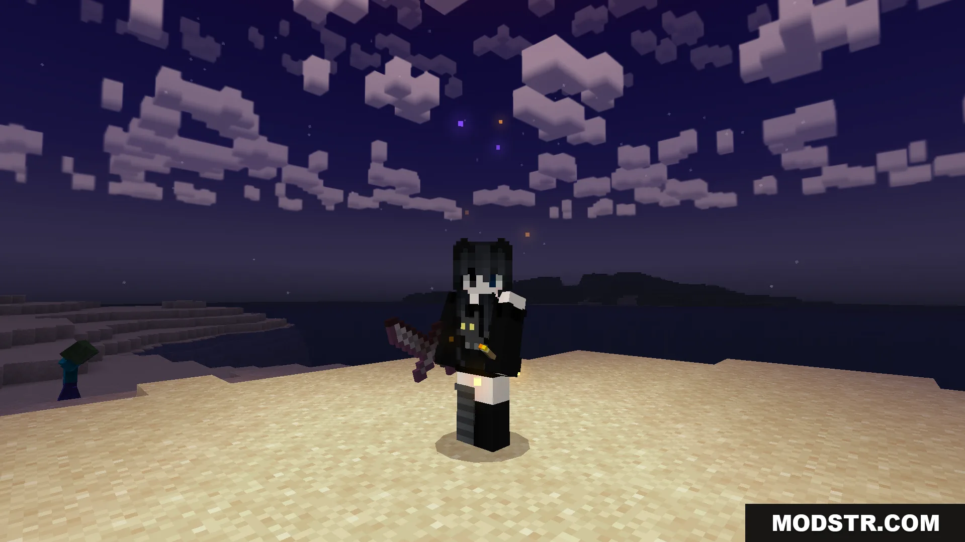 Player holding a glowing sword at night on a beach