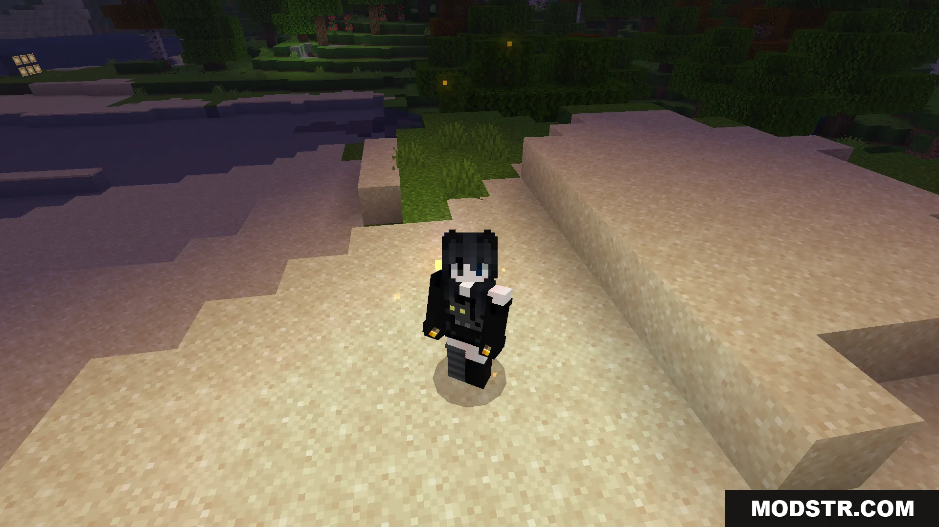 Top view of a player using an offhand torch to light the sand