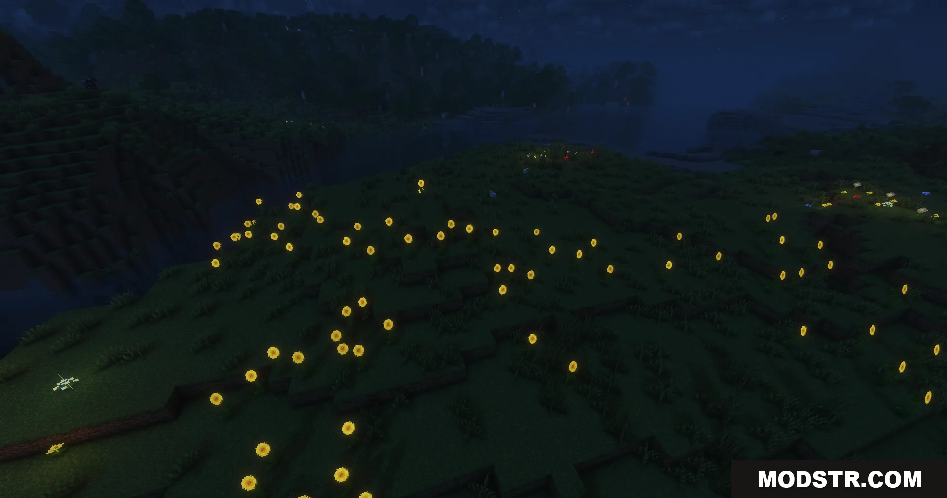 Numerous glowing yellow flowers spread across a dark grassy field during the night