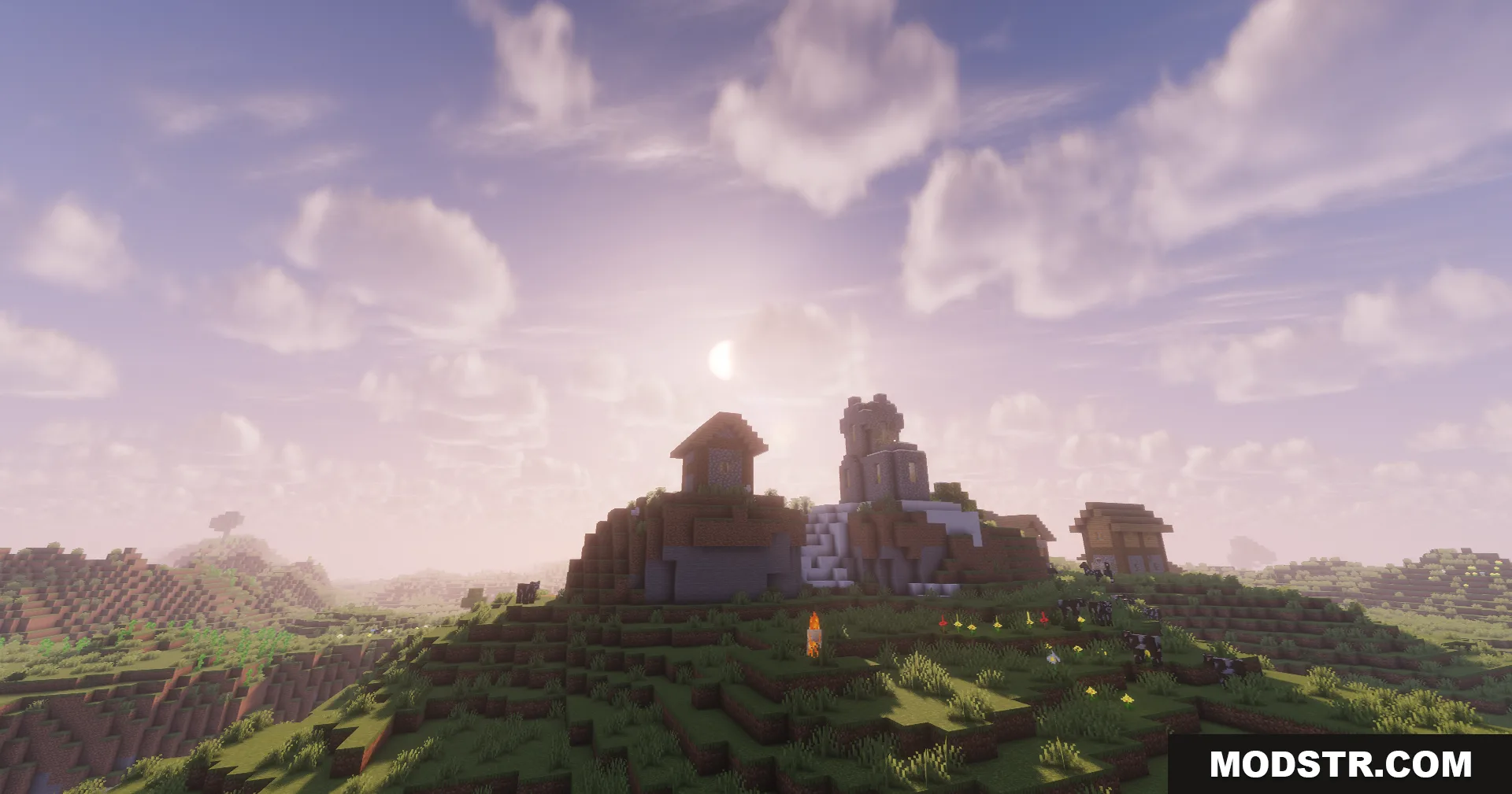A peaceful village on a hill under a bright and atmospheric sky