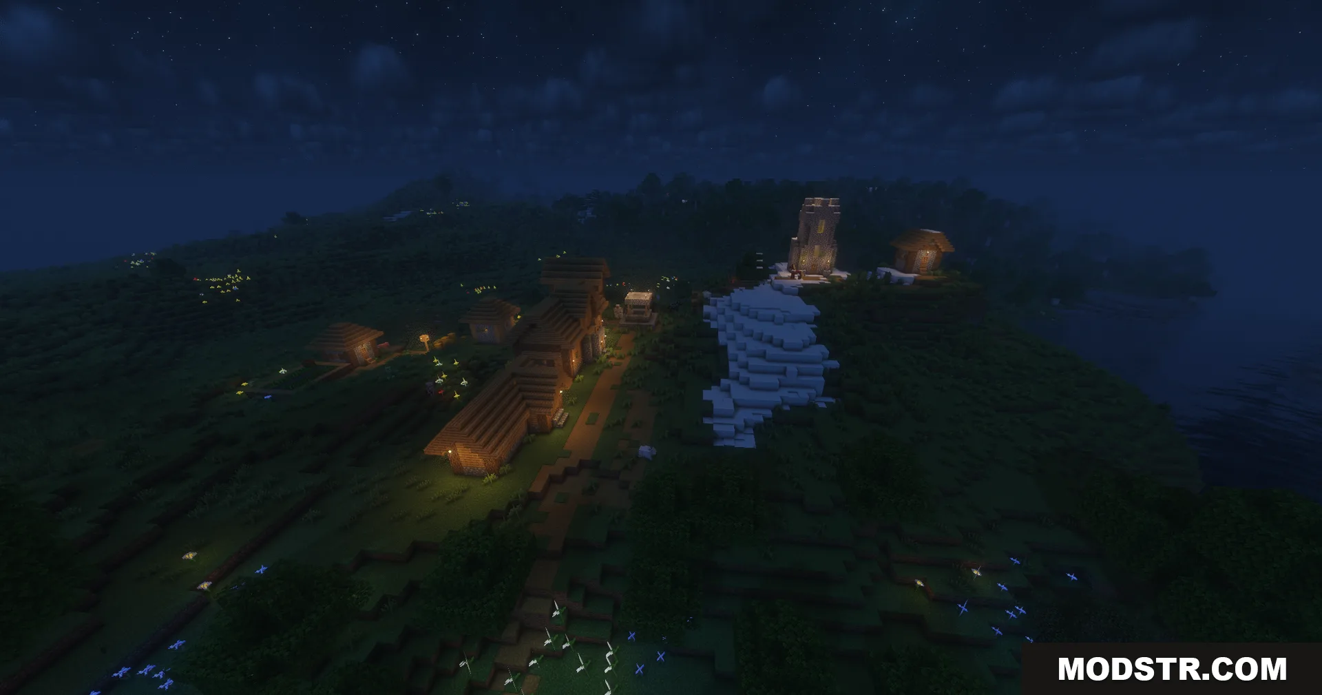 Solar Shaders creates soft atmospheric lighting for a peaceful village at night