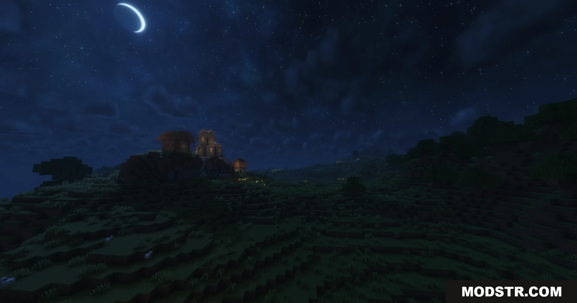 A glowing crescent moon shines over a village on a grassy hill