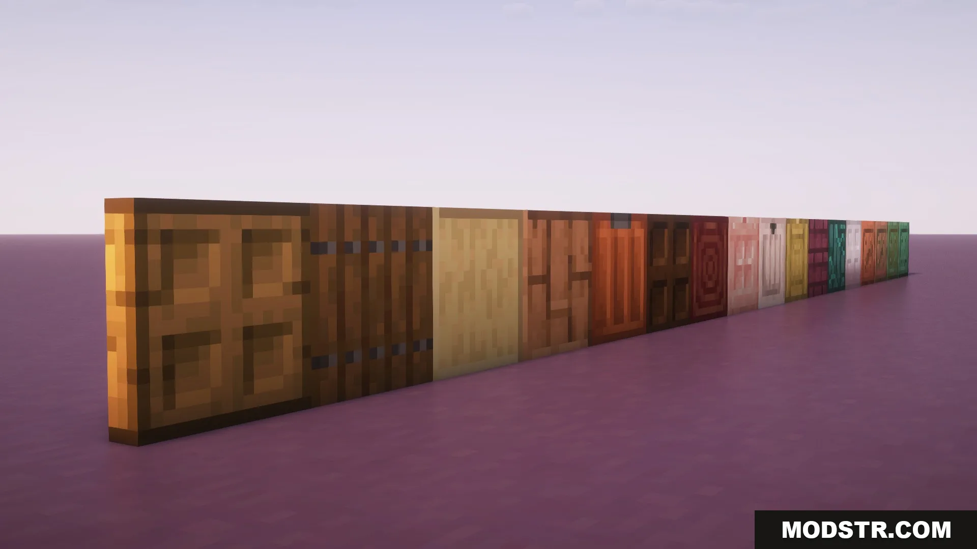 Solid Trapdoors Resource Pack Screenshot 1 A long row of various solid trapdoors standing on a purple floor