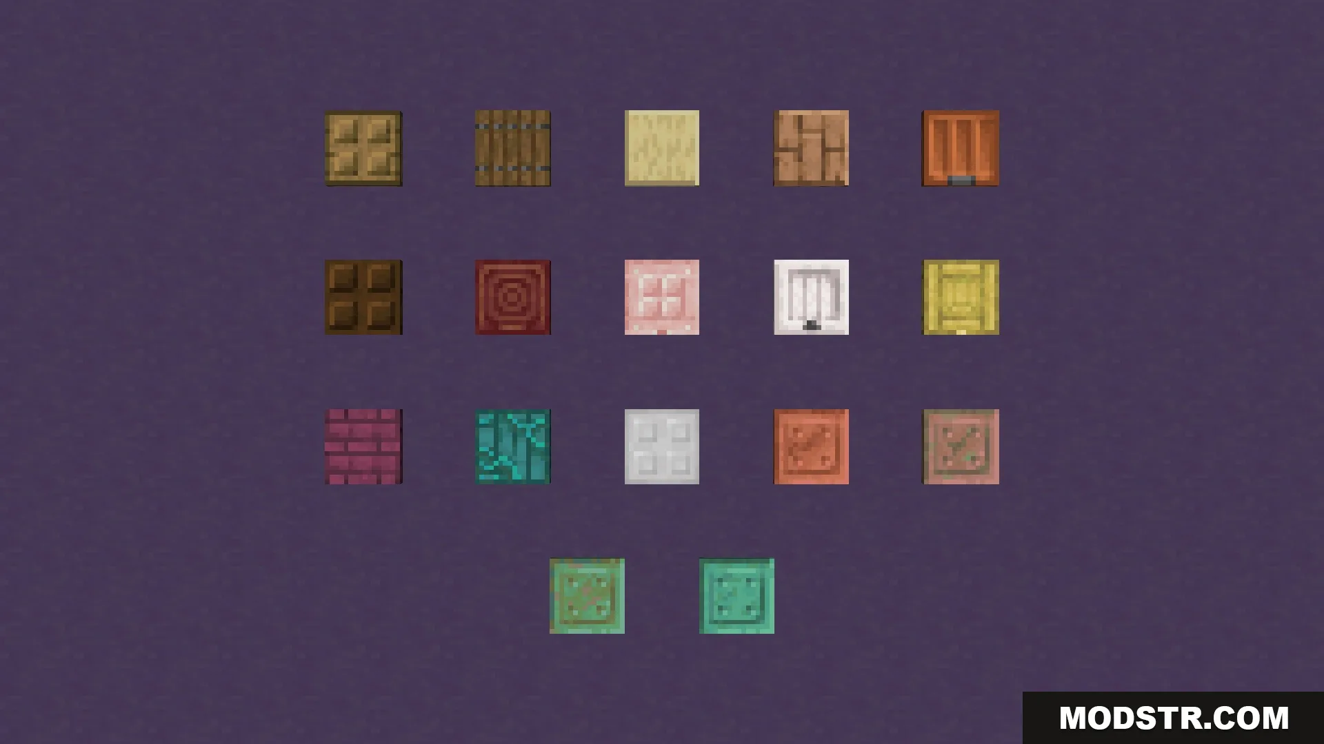 Solid Trapdoors Resource Pack Screenshot 2 A grid display of seventeen different solid trapdoor designs on a purple background