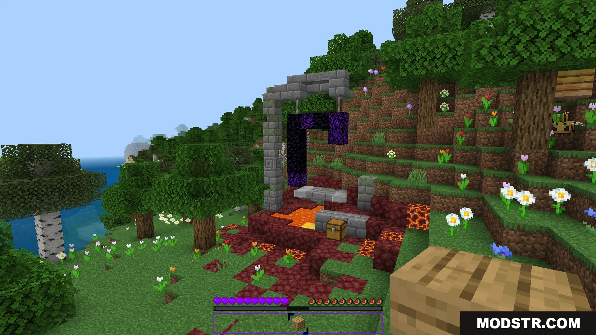 Player looking at ruined portal with purple hotbar