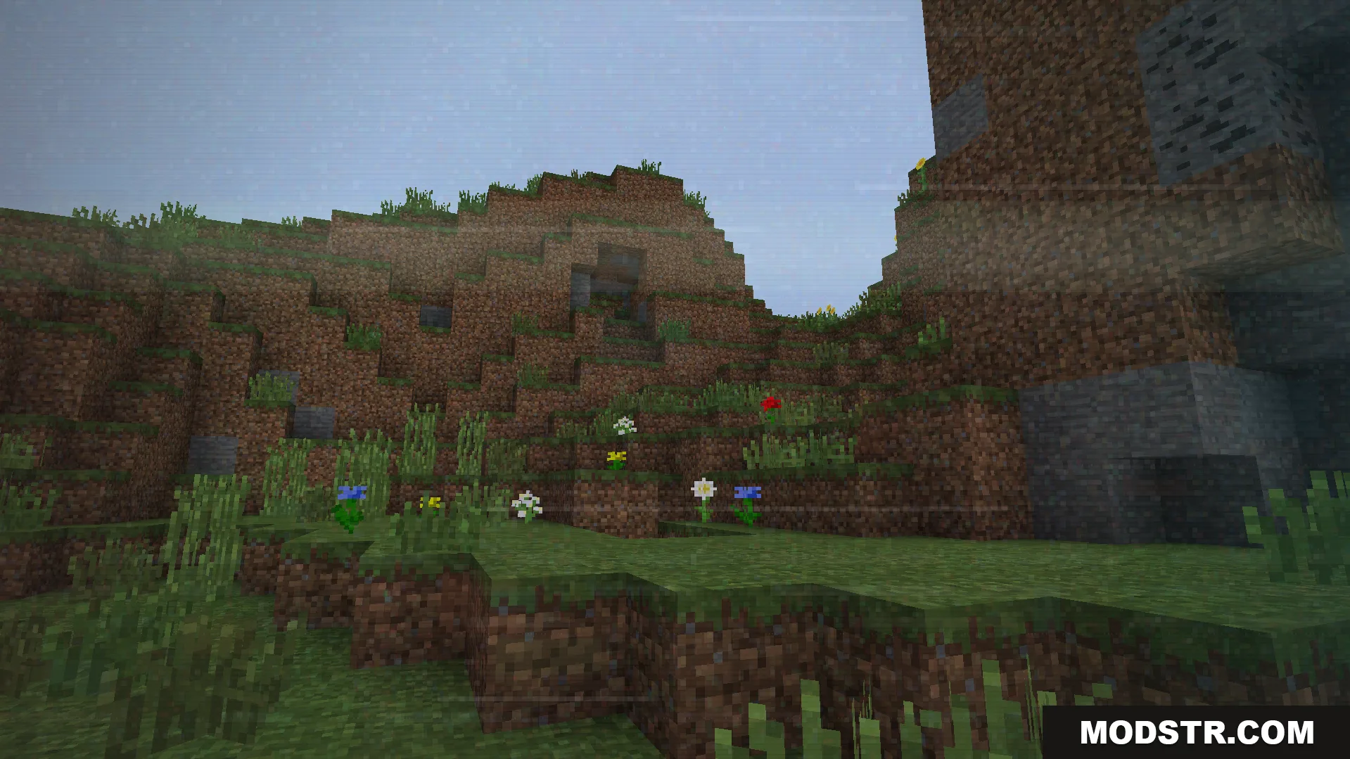 Some.sunny.day Addon Screenshot 1 Grassy minecraft landscape showing creepy visual static indicating slow game world corruption