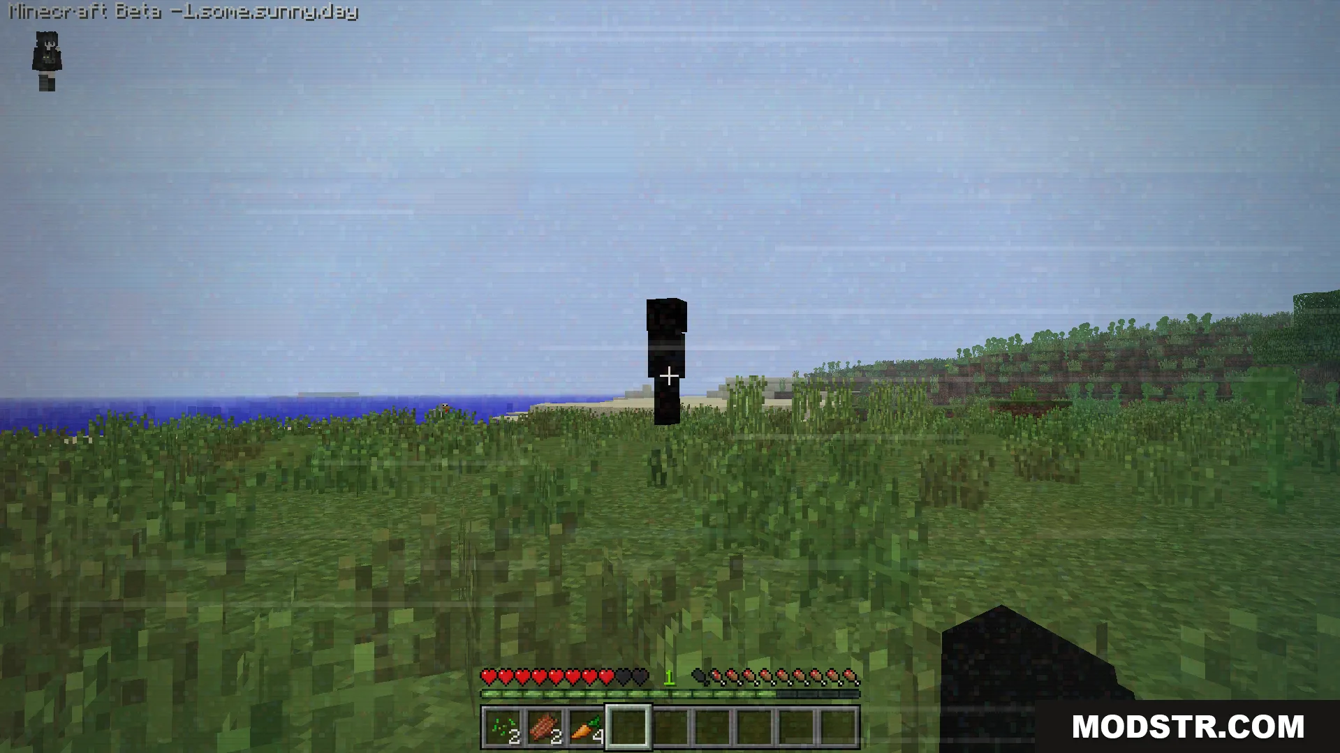 Some.sunny.day Addon Screenshot 10 Player holding a black block looking at a dark figure in a grassy field