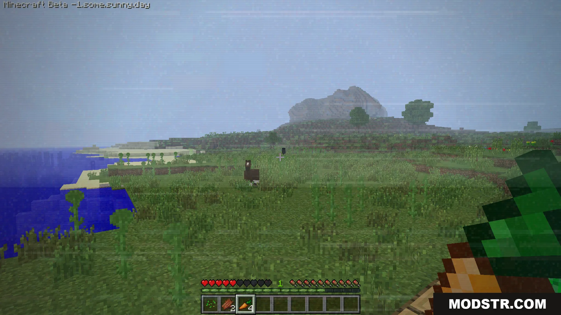Some.sunny.day Addon Screenshot 9 Player holding a carrot looking at a dark figure in a grassy field
