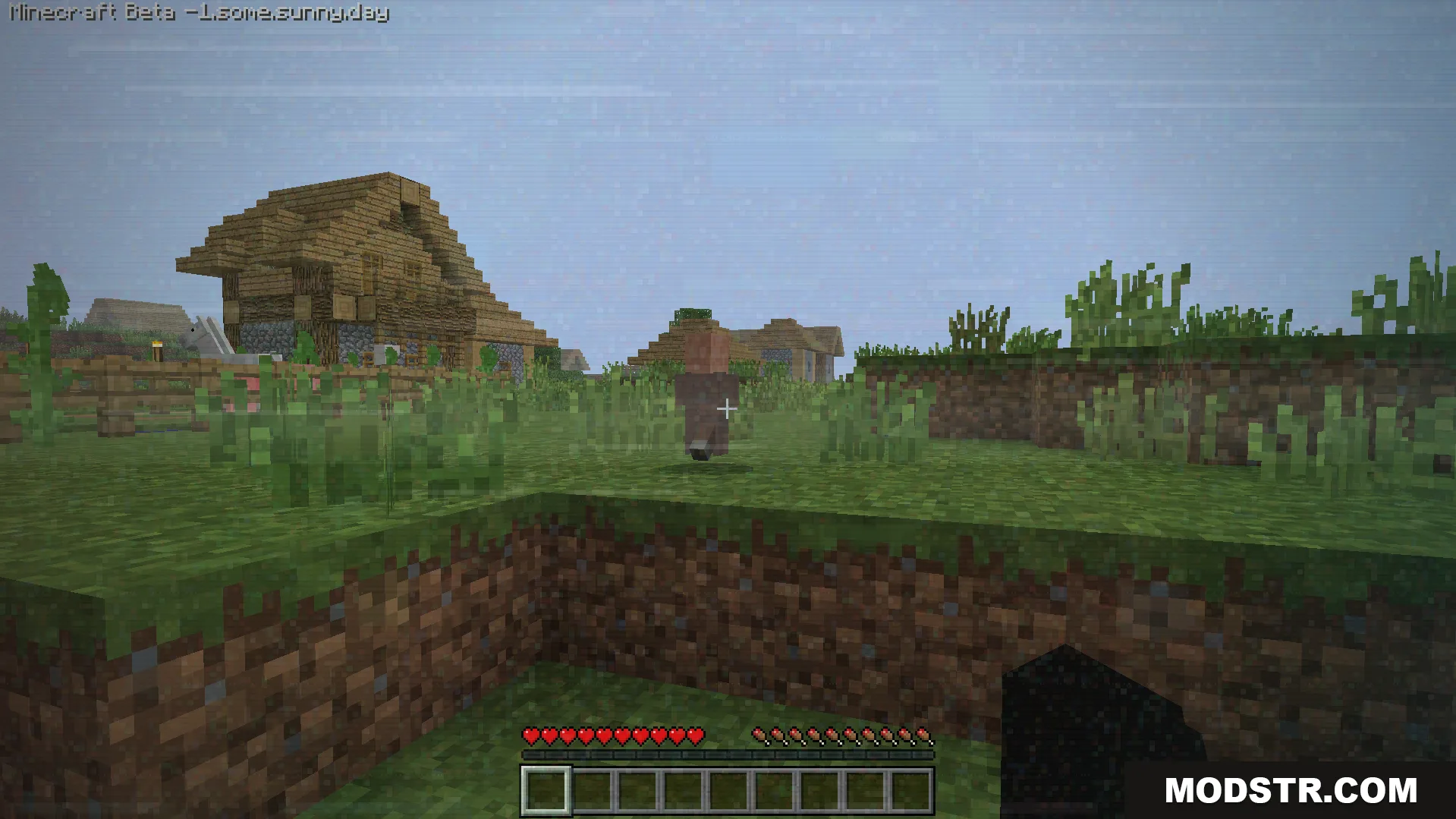 Some.sunny.day Addon Screenshot 4 Villager walks near houses as the game environment slowly corrupts over time