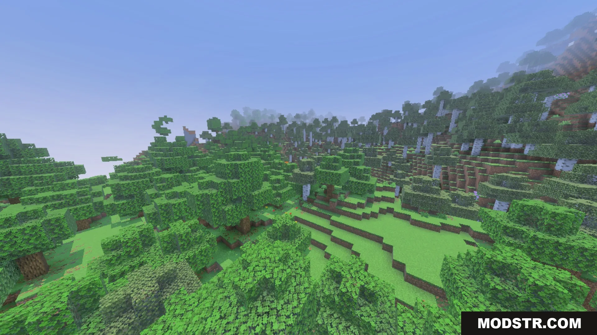 Spectral Horizons Shader Screenshot 6 Lush green forest landscape with enhanced lighting and colorful atmospheric biome fog