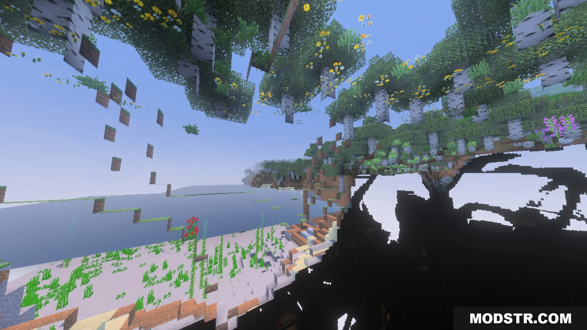 Spectral Horizons Shader Screenshot 2 Underground view showing floating birch trees and flowers through the terrain