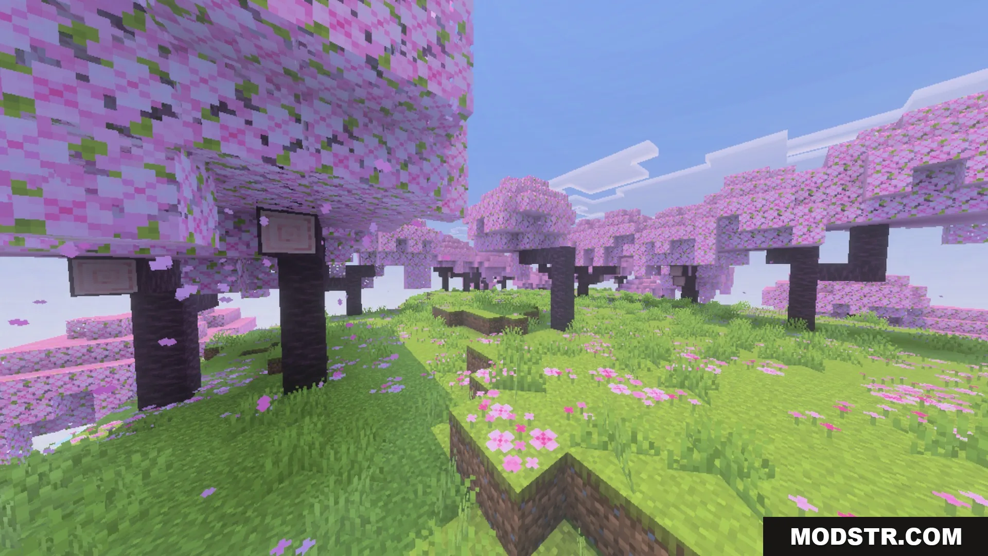 Spectral Horizons Shader Screenshot 5 Vibrant cherry blossom biome with pink trees and bright atmospheric fog visuals