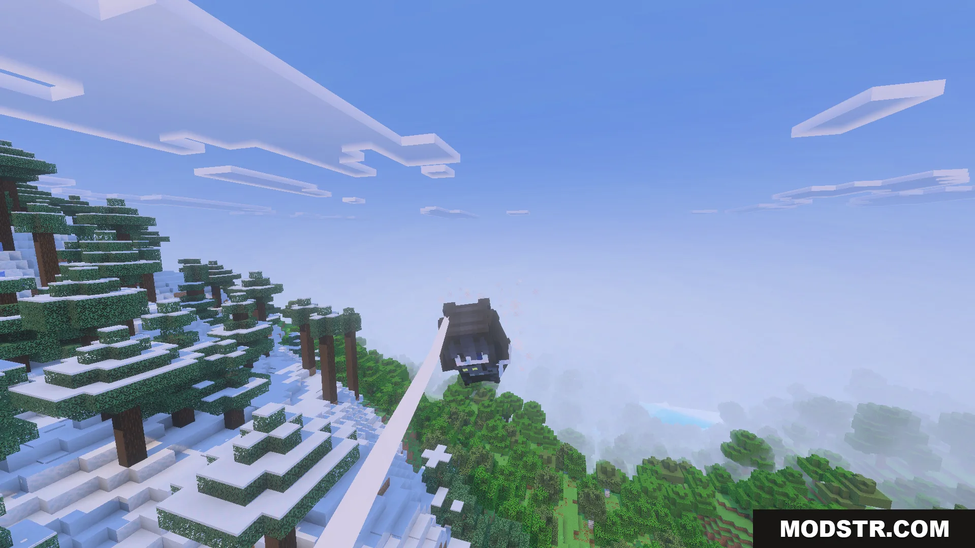 Spider Man Addon Screenshot 9 Player in a black suit swings through the air over a snowy mountain