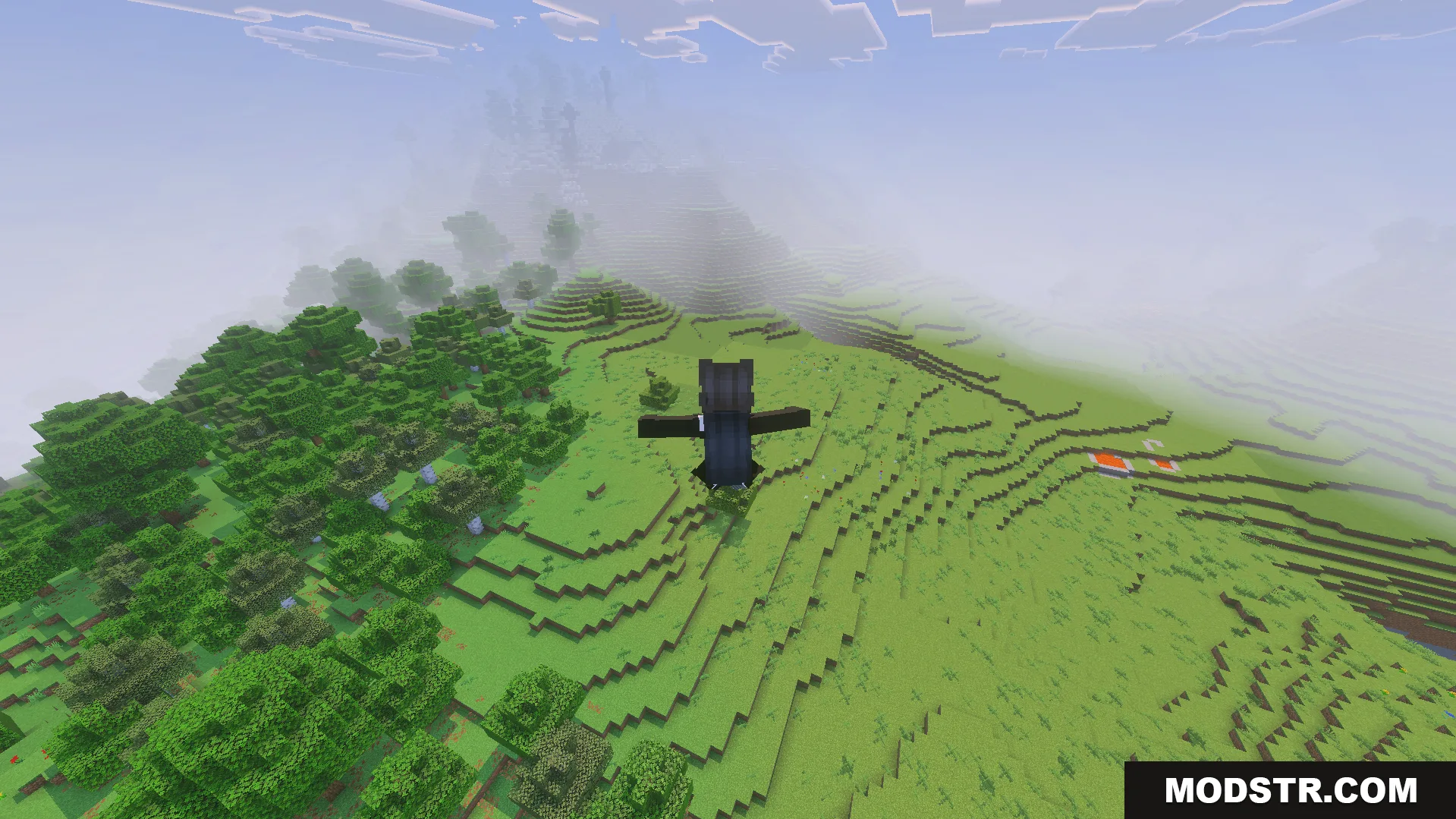 Spider Man Addon Screenshot 6 A player in a black suit glides over a green grassy landscape