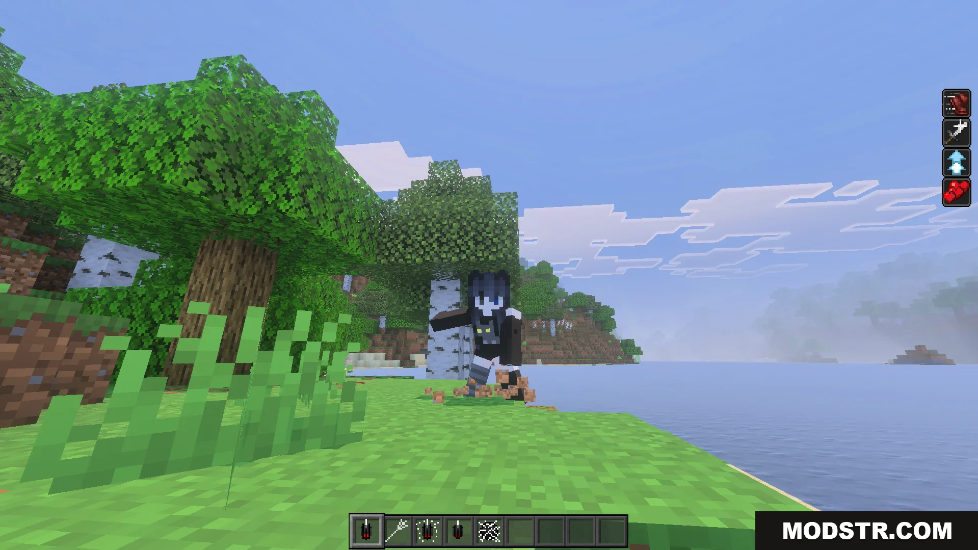 Spider Man Addon Screenshot 2 Character in a black spider suit exploring a forest biome near the ocean