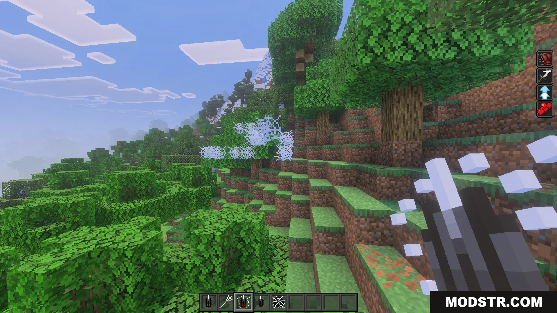 Spider Man Addon Screenshot 4 First person view of a player using web shooters to cover forest trees