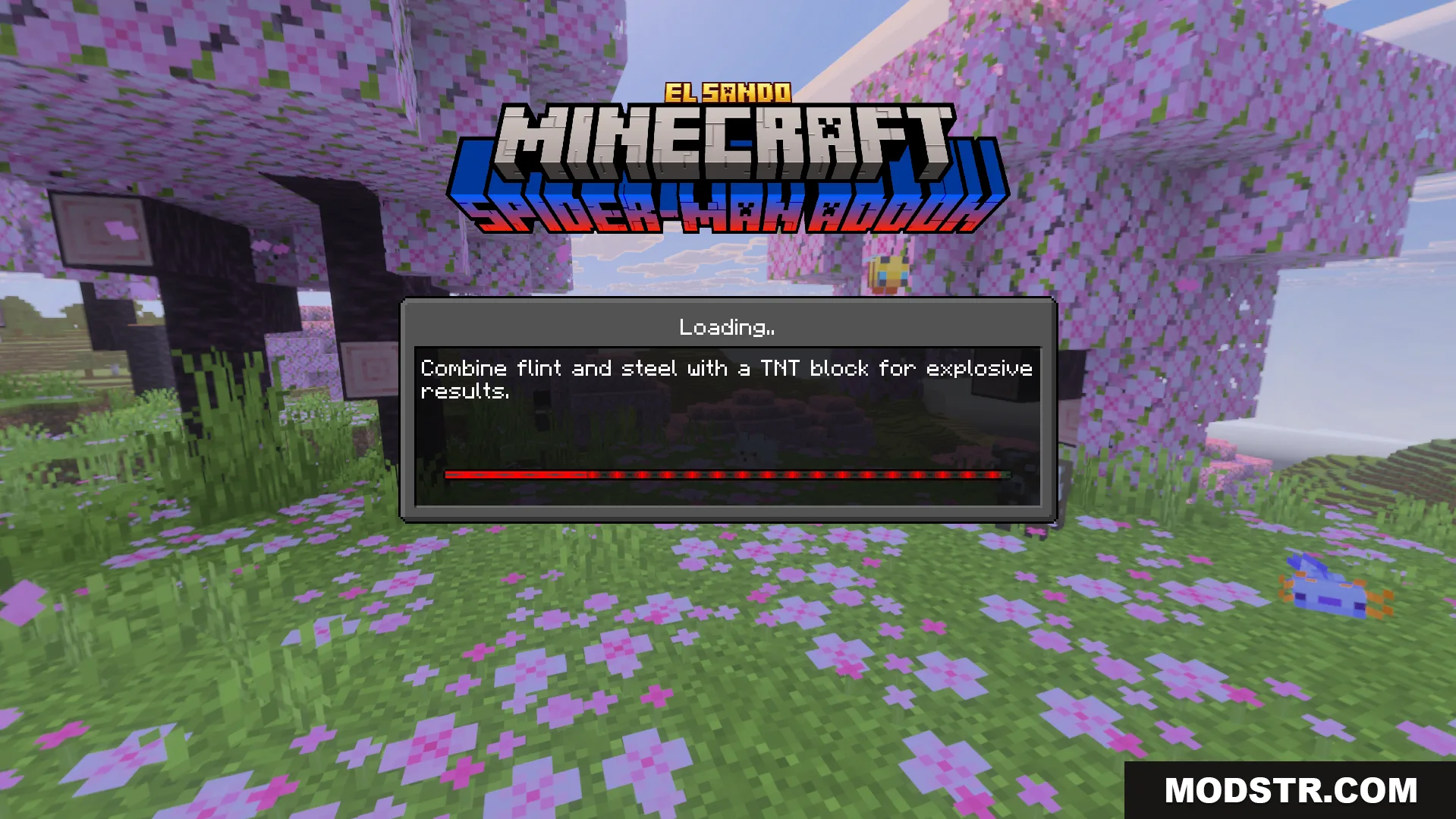 Spider Man Addon Screenshot 1 Loading screen for the Spider Man Addon with a cherry blossom biome background