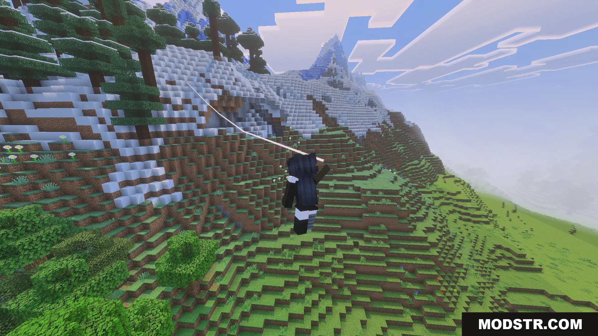 Spider Man Addon Screenshot 7 Spider Man Addon player using web shooters to swing across snowy mountains