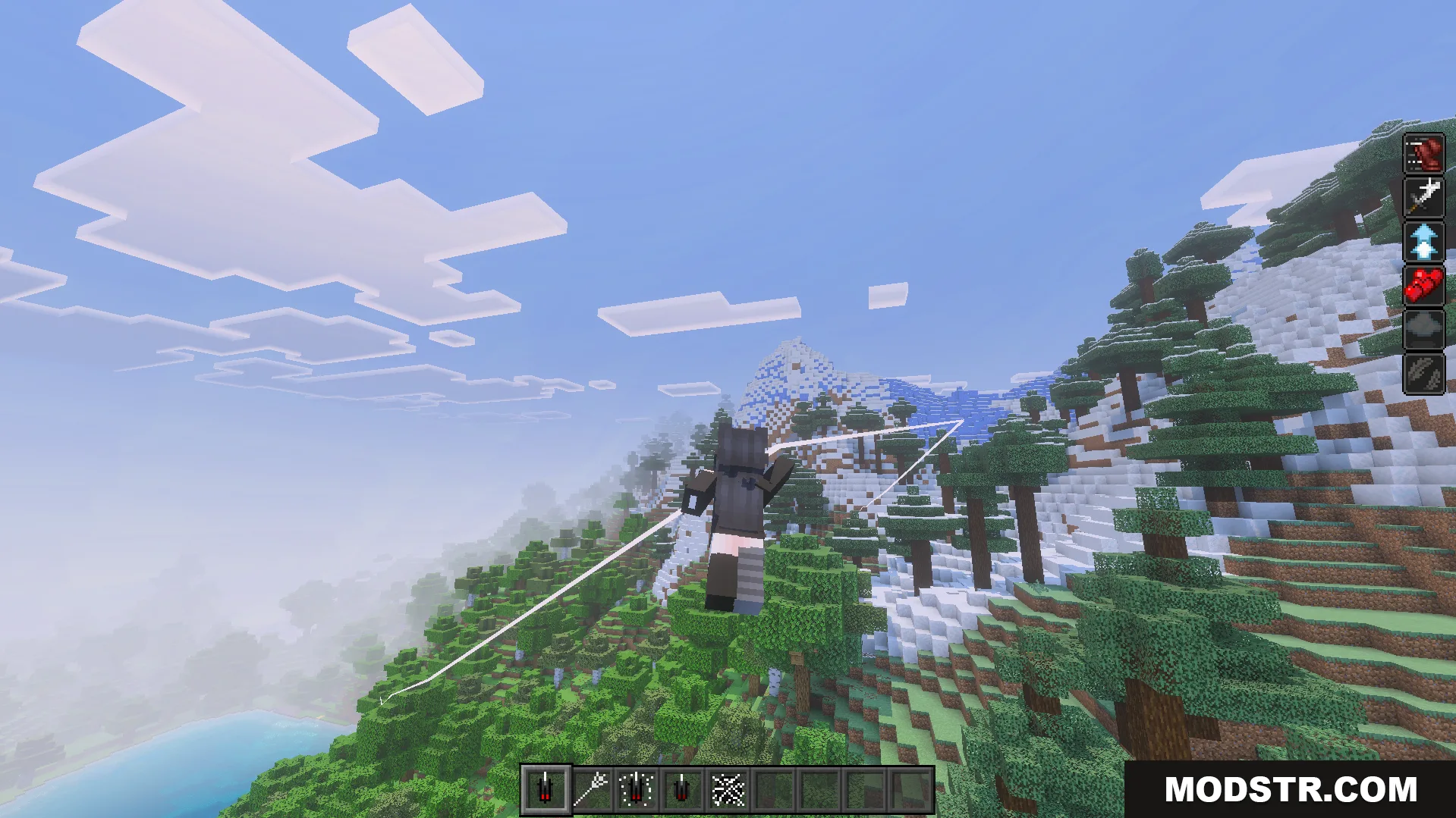 Spider Man Addon Screenshot 3 Spider Man Addon player swinging through a mountain biome with white web lines