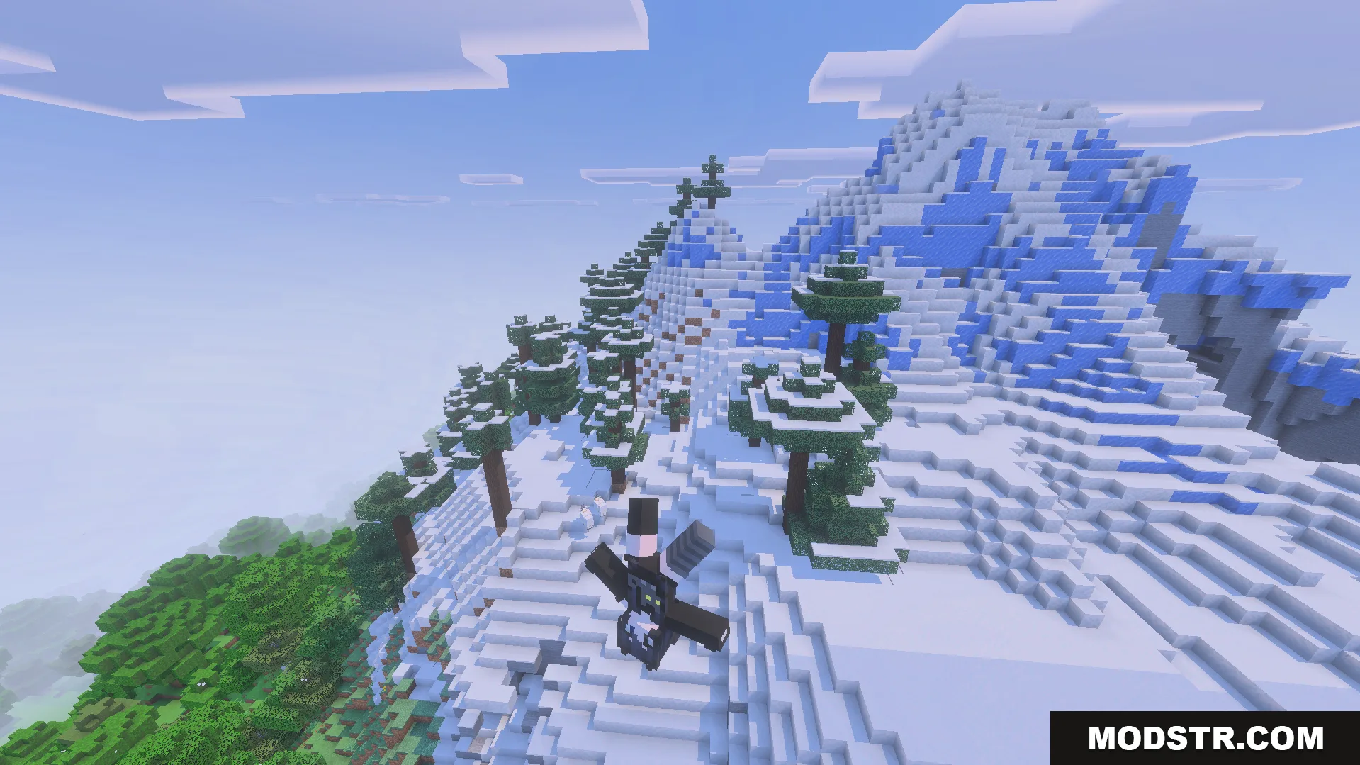 Spider Man Addon Screenshot 8 Character in a special suit gliding over a steep snowy mountain peak