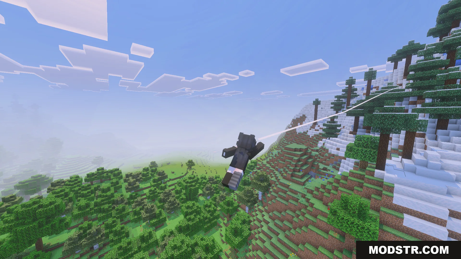 Spider Man Addon Screenshot 5 Player swings from a web line in the Spider Man Addon for Minecraft