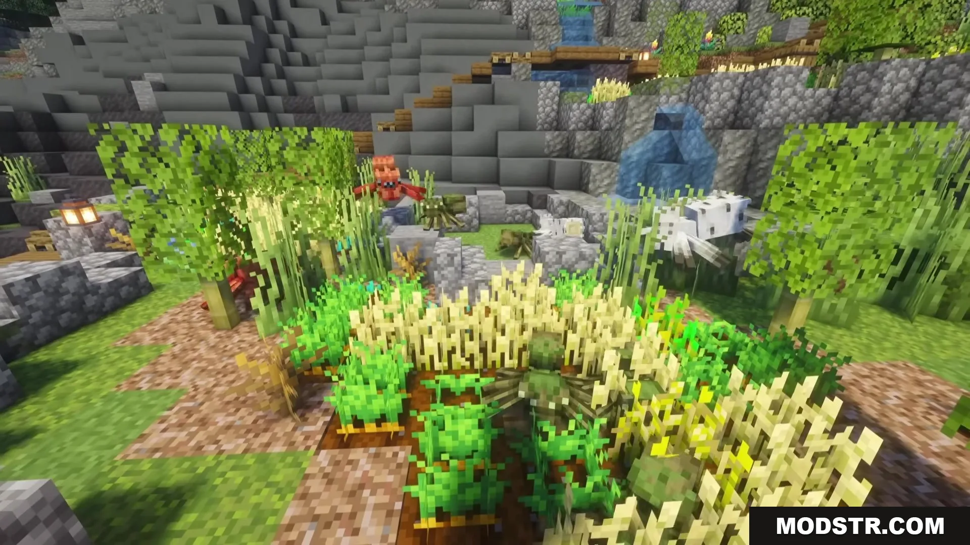 Spider Overhaul Mod Screenshot 5 Various unique spiders crawling in a garden with crops and stone walls
