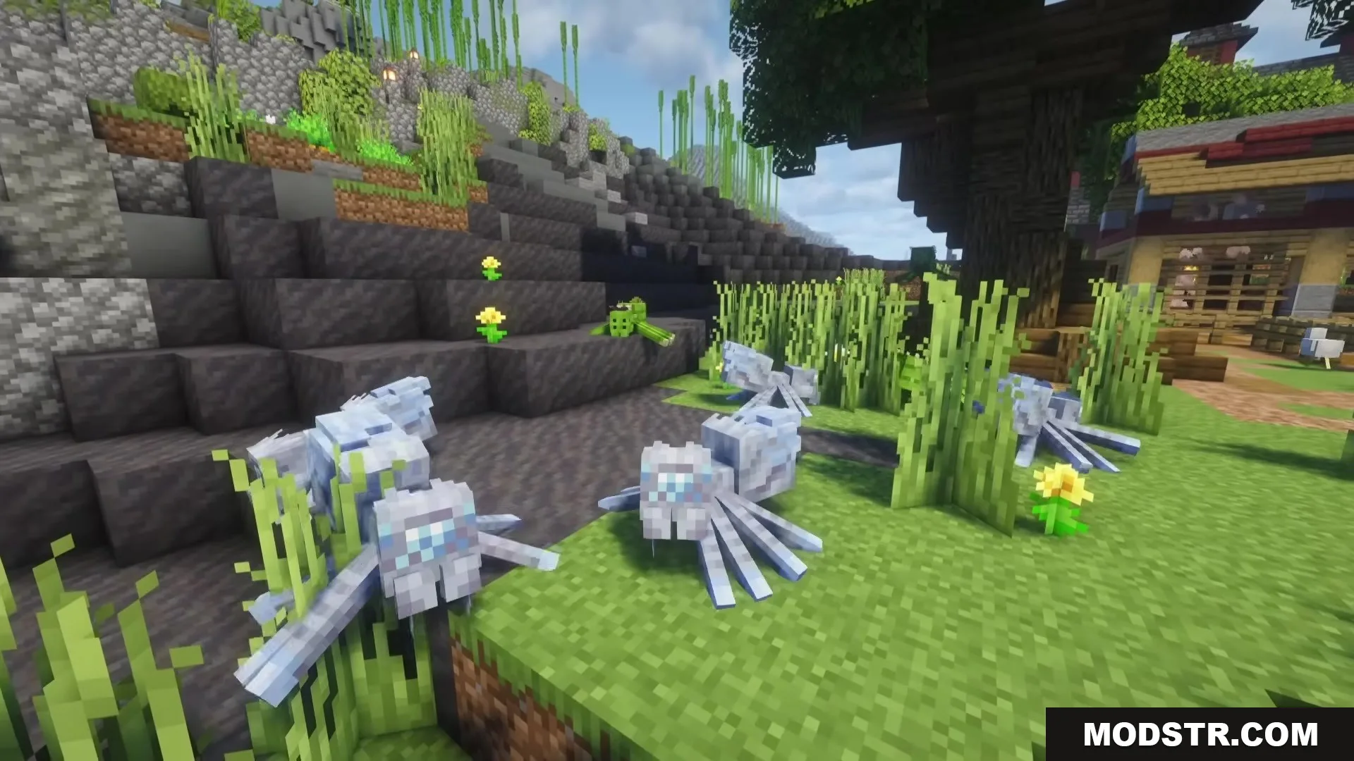 Spider Overhaul Mod Screenshot 6 Several ice spiders with freezing venom gathered on a grassy hill