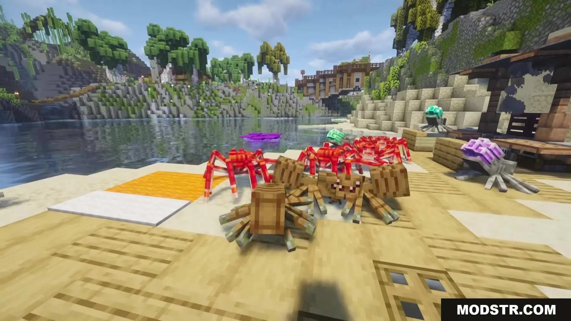 Spider Overhaul Mod Screenshot 3 A group of colorful spiders gathered on a wooden dock near the water