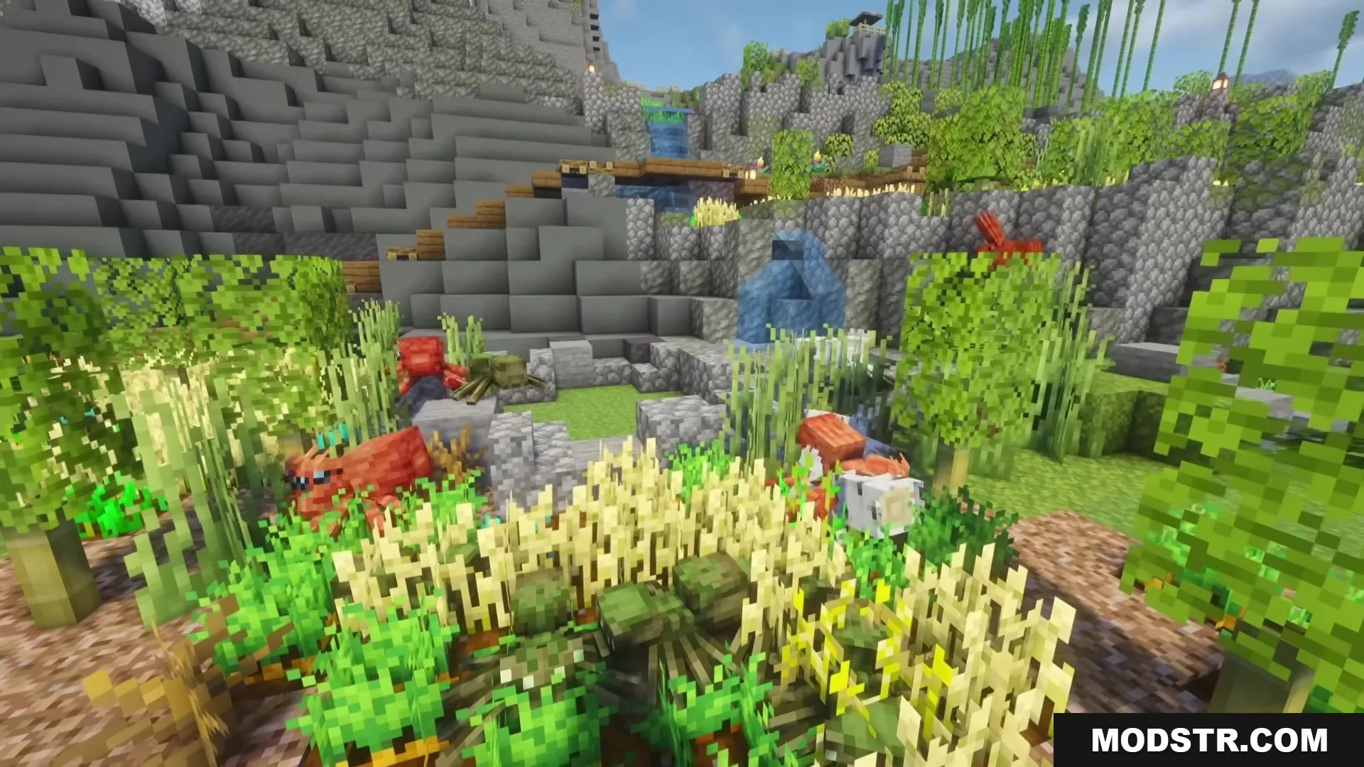 Spider Overhaul Mod Screenshot 4 Biome specific spiders roaming through a rocky landscape with bamboo and plants