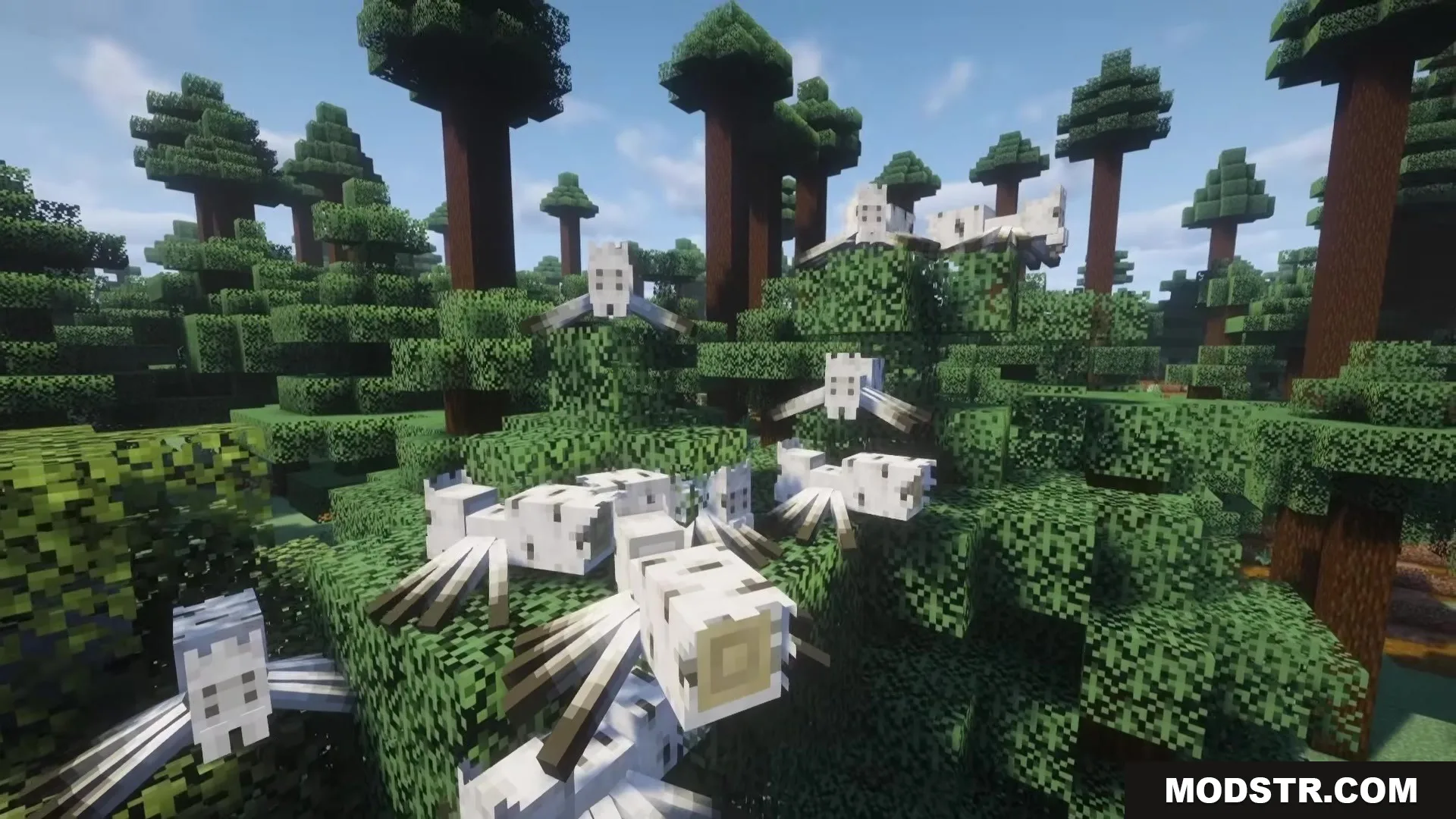 Spider Overhaul Mod Screenshot 7 A group of white Birch Spiders camouflaged among the green forest leaves