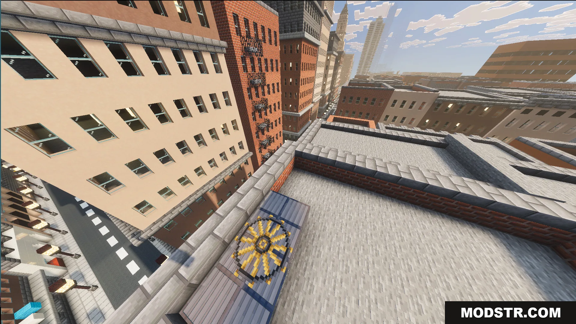 SpiderMan City Map Screenshot 8 Looking down from a rooftop at detailed city streets and brick apartment buildings