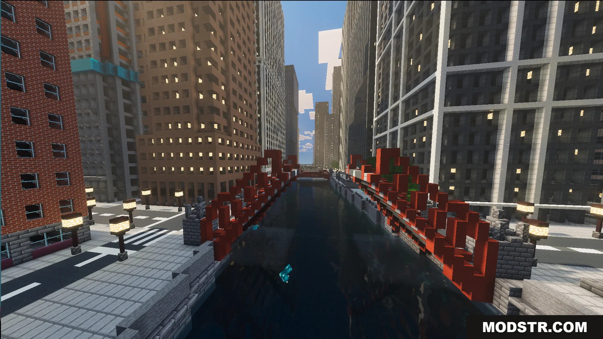 SpiderMan City Map Screenshot 5 A river flowing through a city with tall skyscrapers and red bridges
