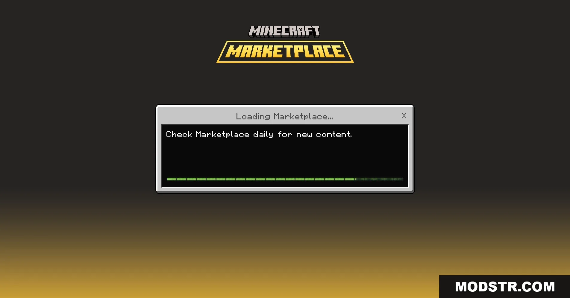 Minecraft Marketplace loading screen with a progress bar and a tip for players