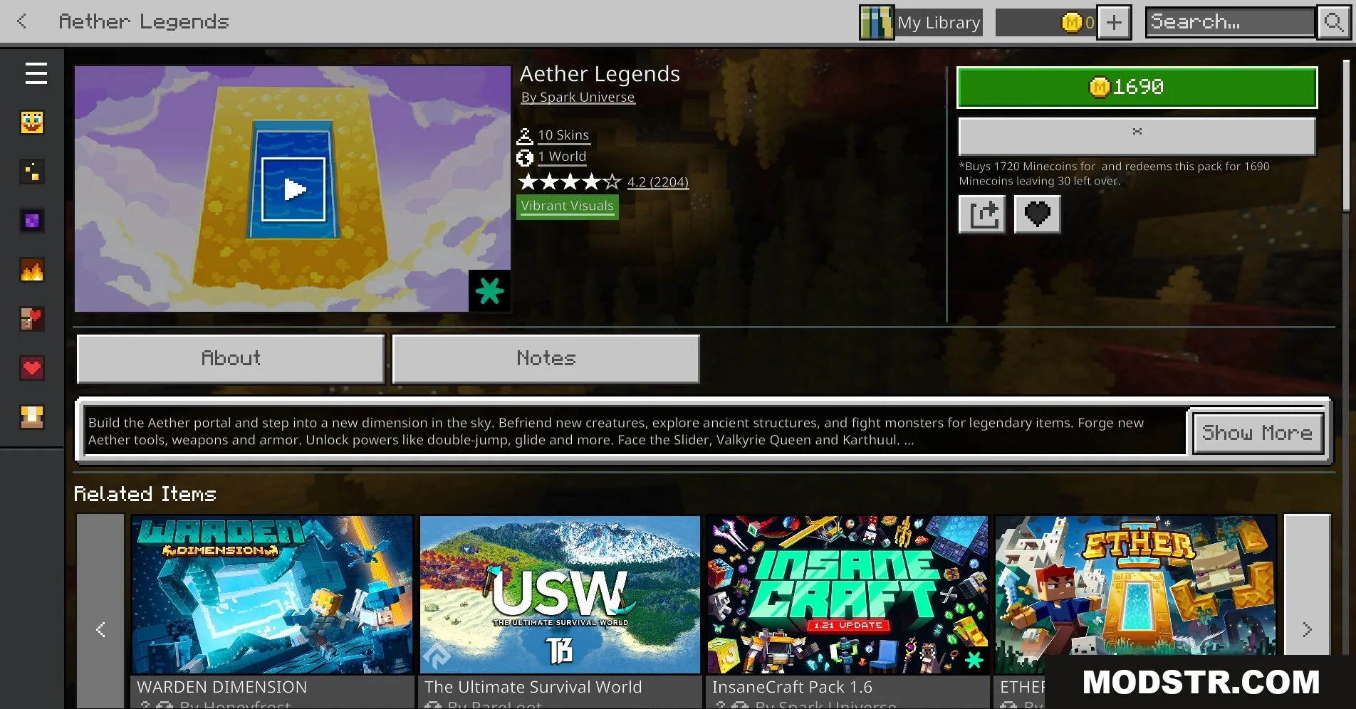 The Minecraft Marketplace interface displays information about the Aether Legends world pack
