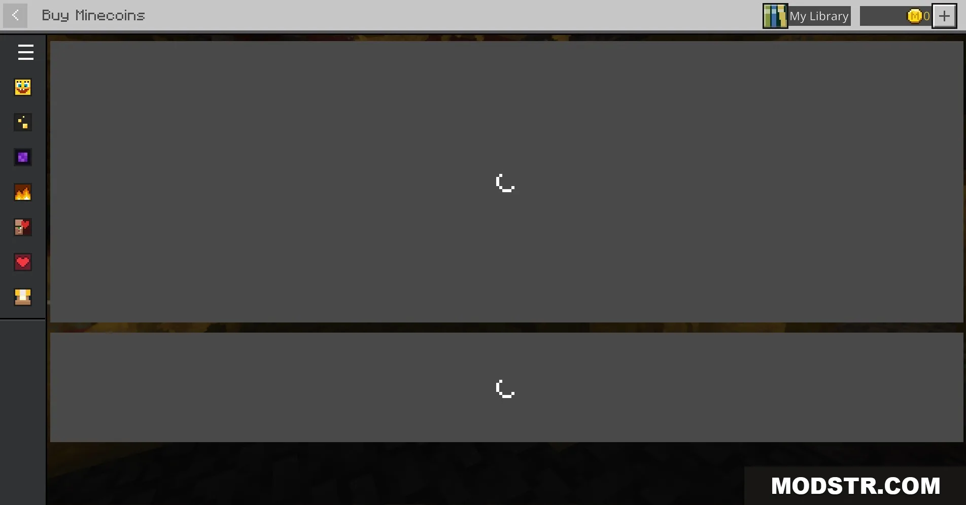 Minecraft Marketplace interface showing gray boxes with white loading spinner icons